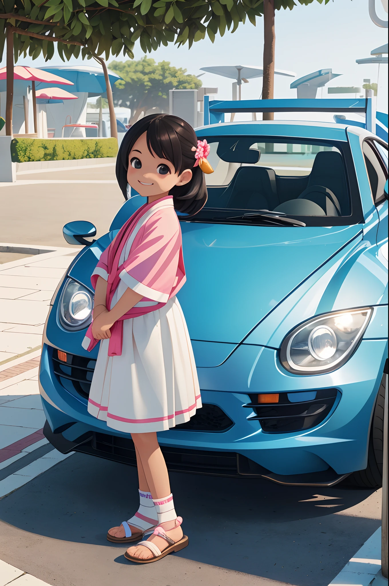 Octane Render、(Hyper-detailing: 1.15)、(Soft light、sharp: 1.2)、morning、Little girl posing in front of colorful EV in parking lot near beach, Traditional costumes、Distinctive ethnic hair ornaments、Characteristic ethnic shoes、 Fuji Film, F/4.0, masutepiece, Anatomically correct、A smile, radiant light