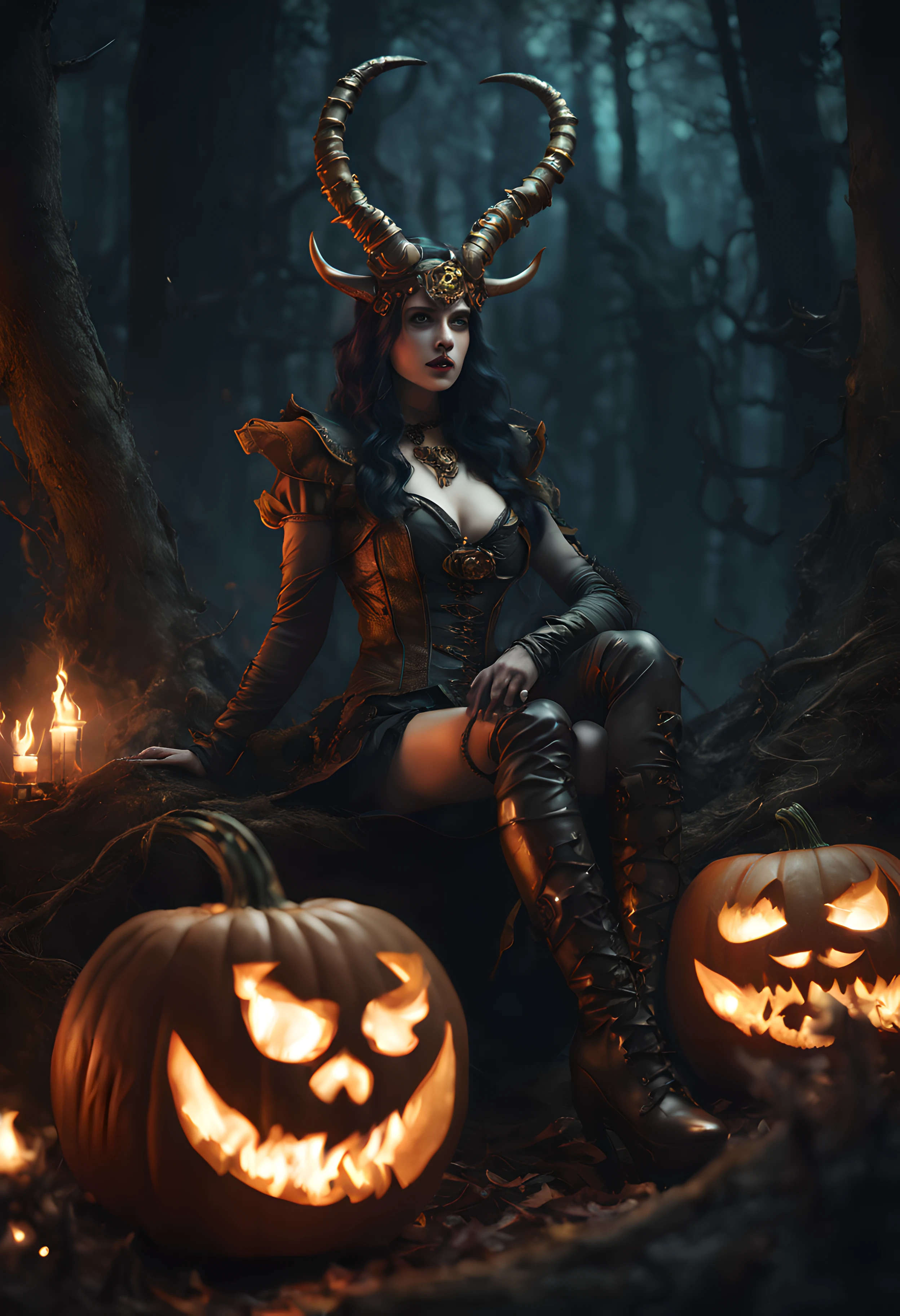 dark fantasy illustration set in a steampunk forest at night, where a woman adorned with horns, a demon-themed headpiece, and long boots sits on a pumpkin. Photo realistic 4K, The ambiance is heightened with a bonfire, gothic undertones, steampunk details, and a bronze sculpture-like aesthetic, illuminated by bright ambient light.