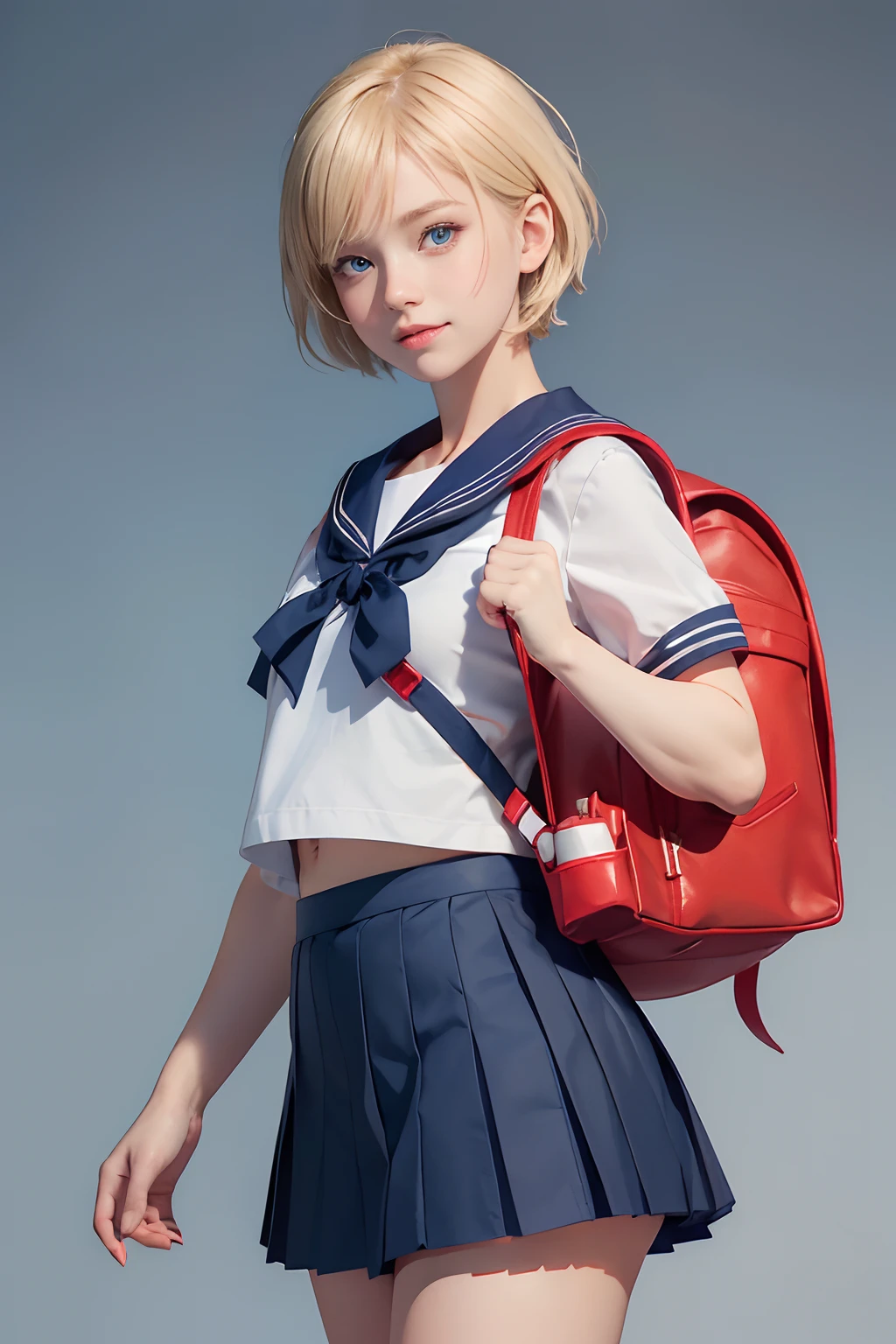 1girl, cute, solo, (beautiful face), (short blonde hair), (blue eye), smile, ((school uniform, serafuku, sailor collar)), white short sleeve shirt, (dark blue skirt:1.3), white short socks, (red backpack:1.3), red shoes, ((full body)), front view, full shot, standing, simple background, color background