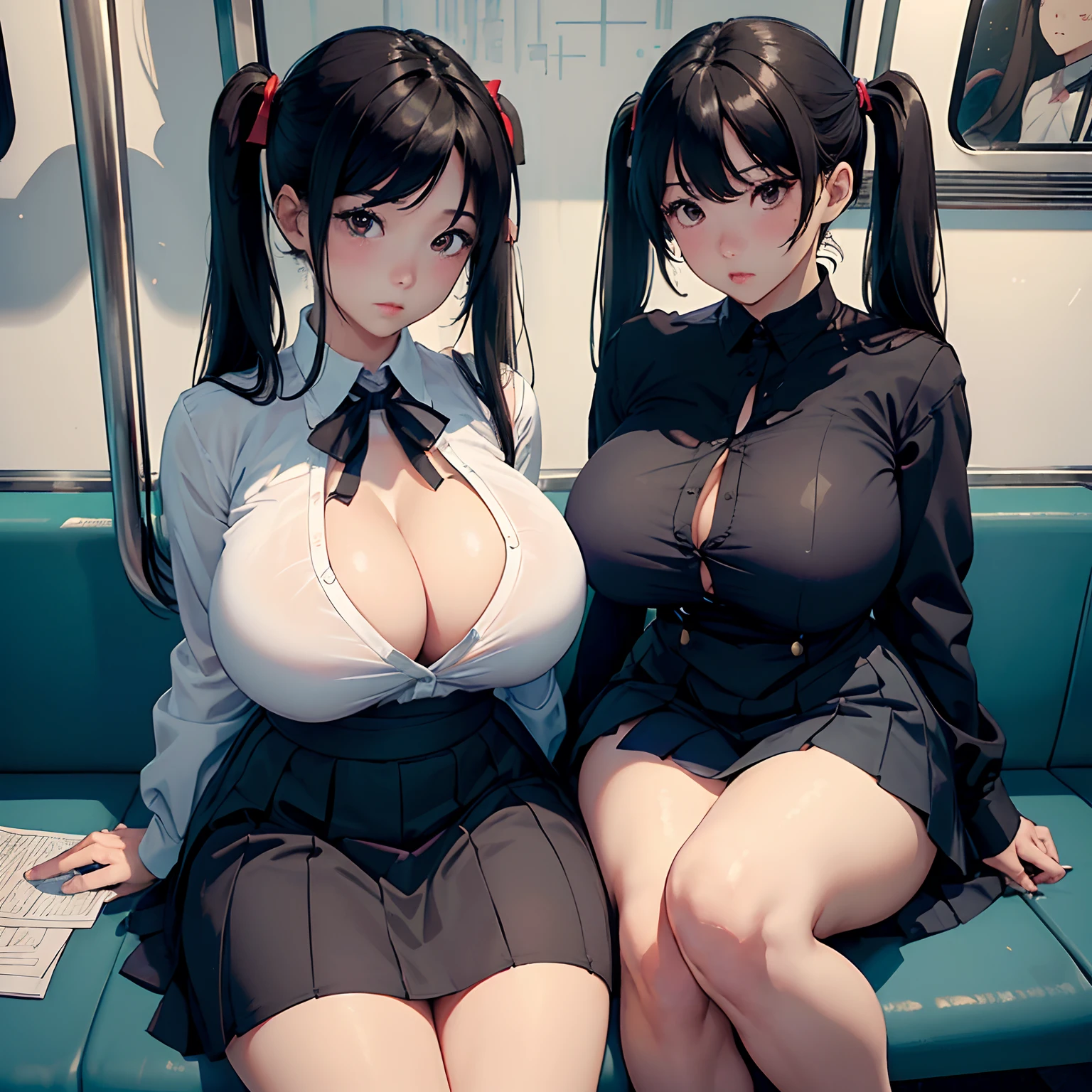 masterpiece、超A high resolution、(Photorealsitic:1.4)、Raw photo、Two girls、Twintails with black hair、Brown long hair、glowy skin、Dramatic Writing、white shirt、Short dark blue skirt、Two people sitting side by side、no-bra、huge-breasted、cleavage of the breast、(top-quality, masterpiece:1.2), (huge-breasted:1.5), Long breasts, (hanging breasted: 1.3), (absurderes:1.2), (真实感:1.2)、Blushing、troubled look、skinny thigh、long legged、beautidful eyes、On the train