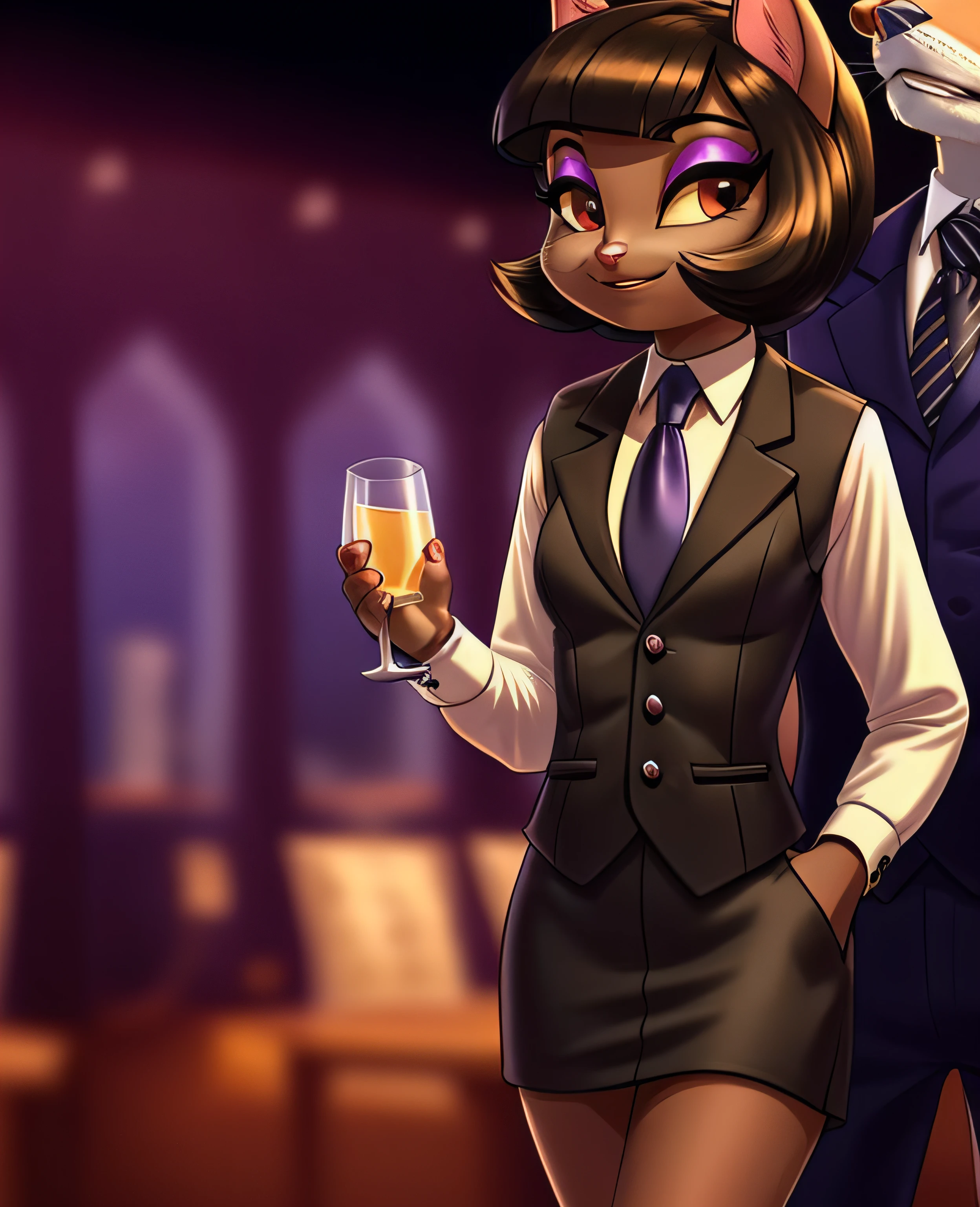 female, (Detailed face), (solo:1.1), [(thin:1.1) : small petite : (ivy pepper):4], (Detailed face), (more details, detailed background:1.1), (tail:1.1), smile, holding a glass in hand, satin skirt suit, pinstripe suit and tie, (((three-piece suit))), ((suit jacket with waistcoat)), silk dress shirt, shirt and tie, striped necktie, (((blazer))), (((suit jacket))), (((open jacket))), ((waistcoat)), (((bodycon miniskirt))), pencil skirt, tights, (((pocket square))), (((tie clip))), (((cufflinks))), (((tail))), makeup, eyeshadow, shiny eyeshadow, bedroom eyes