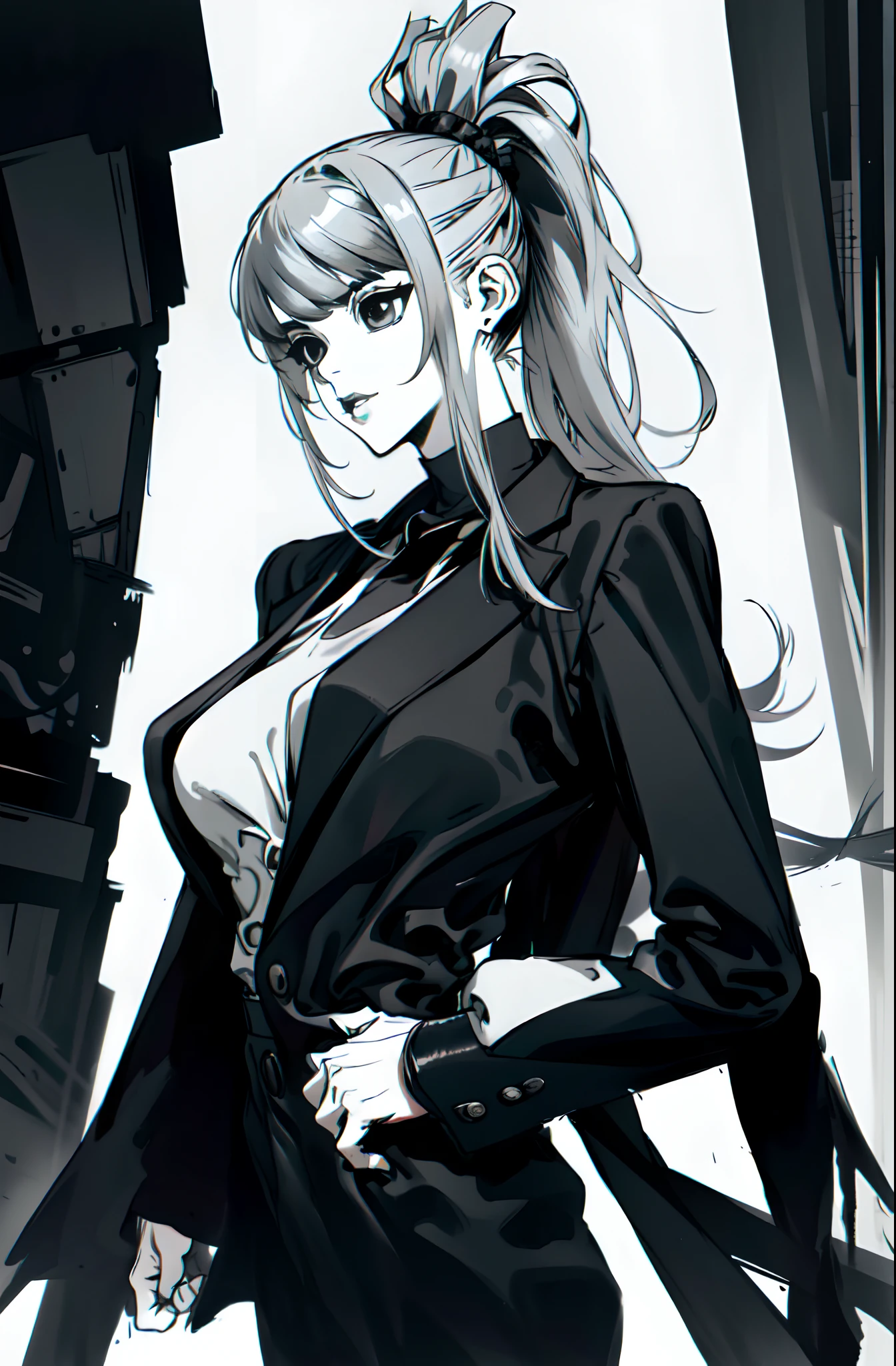 waifu with silver hair，High ponytail，With bangs，Black coat，Black clothes，In black suit，Casual suits，monochrome, greyscale, manga sketch. in boichi manga style