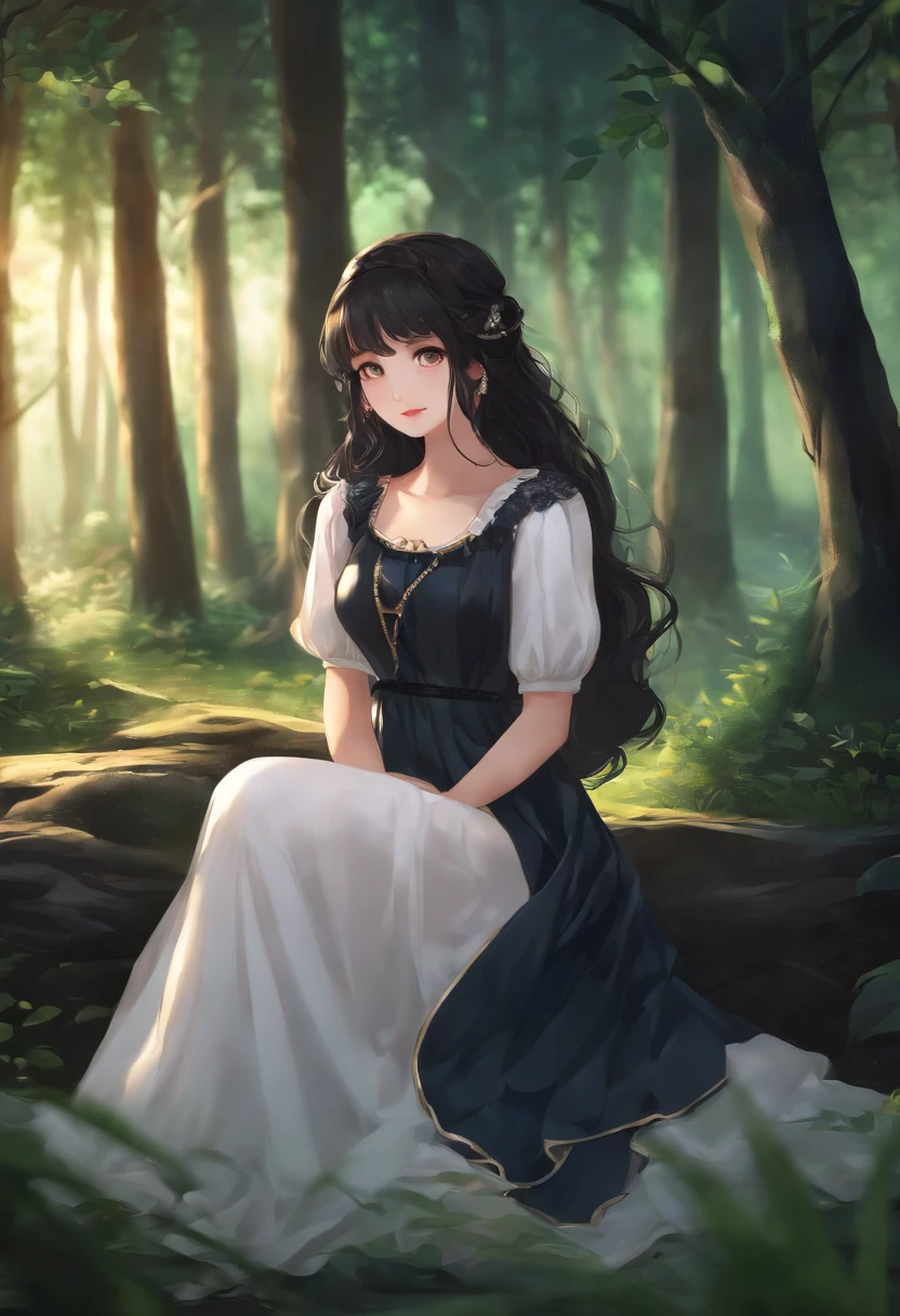 (masterpiece, best quality), 1girl(Athena_Asamiya), cute dress, long black hair, sitting, beautiful outdoor background, night, forest