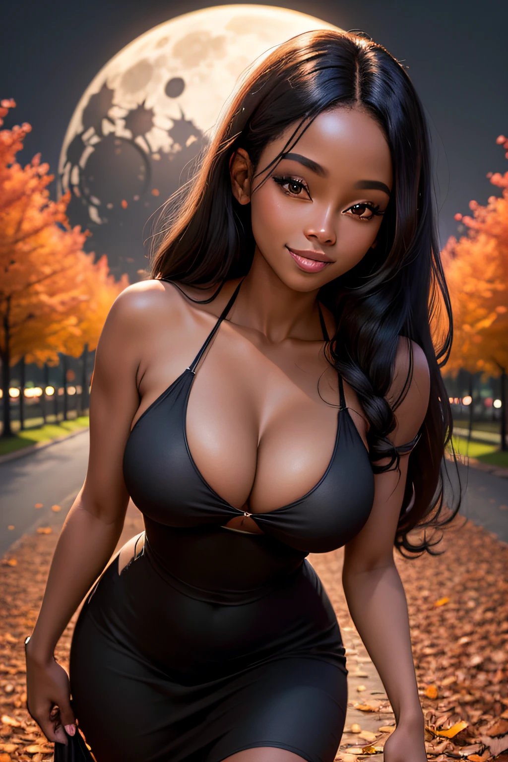 Black woman, black model, Walking in the park in a black sundress At night with a btight moon in the background, beautiful smile, medium breast, clevage, soft pose 8k, ultra realistic, long black hair, looking at viewer, In the fall with orange and brown leaves.