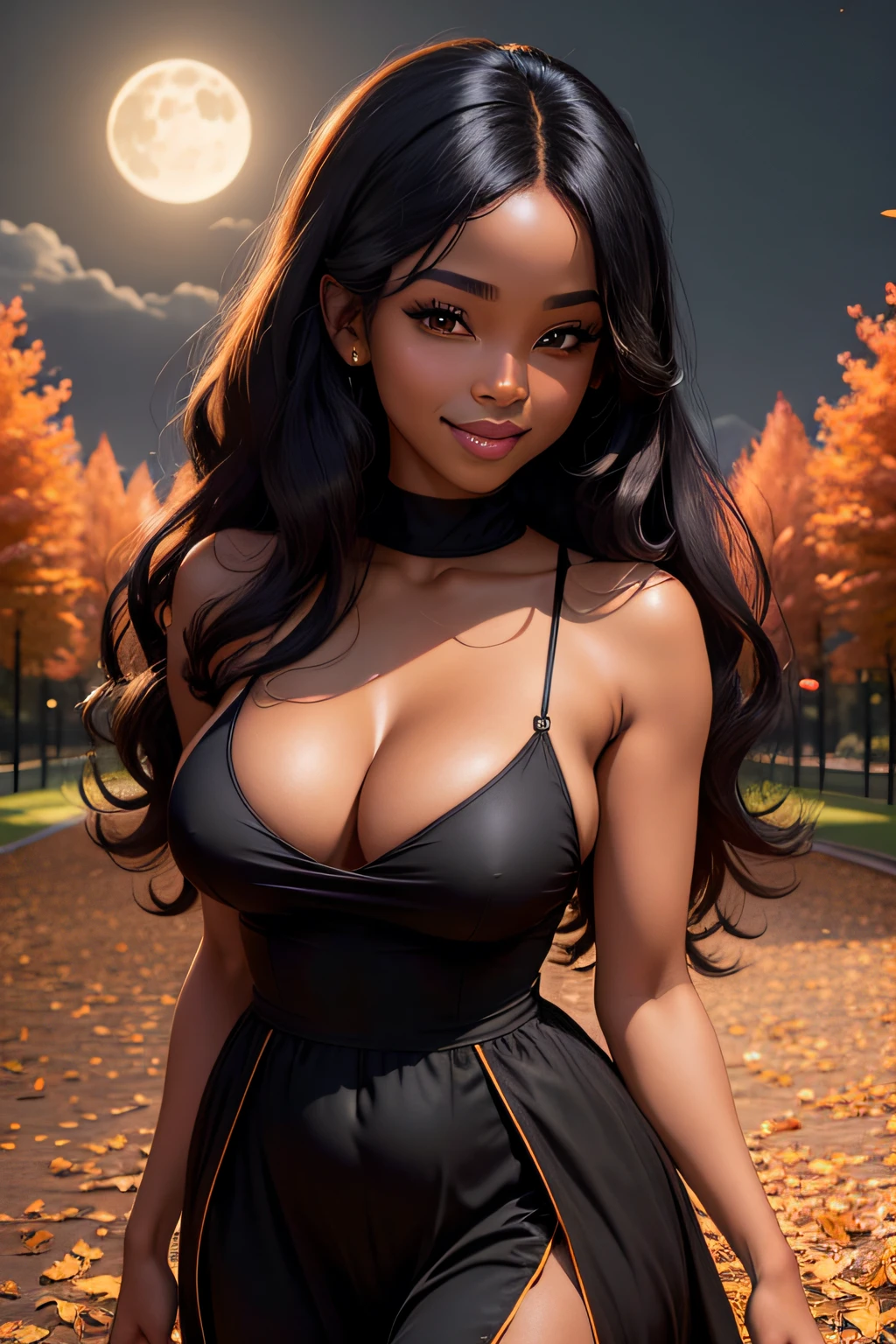 Black woman, black model, Walking in the park in a black sundress At night with a btight moon in the background, beautiful smile, medium breast, clevage, soft pose 8k, ultra realistic, long black hair, looking at viewer, In the fall with orange and brown leaves.