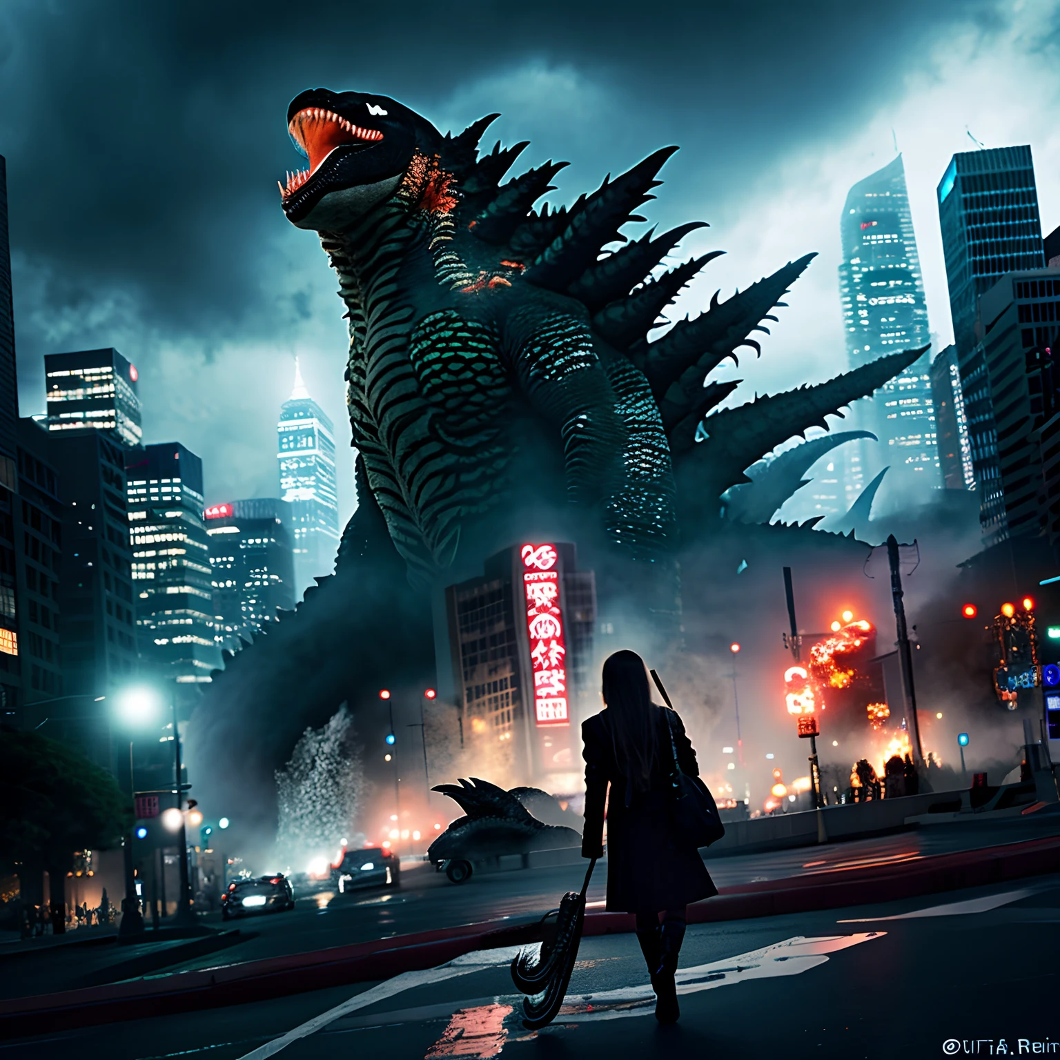 (perfect mix between venom and godzilla:1.2), with venom's black tentacles protruding from his entire body, destroying city, blood, epic, cataclysmic, gargantuan, absurdres, best quality, realistic style,japanese girl, girl having weapon,
8k wallpaper, ultra-detailed, highres, soft light,best quality, photorealistic, 8k, high res, full color,