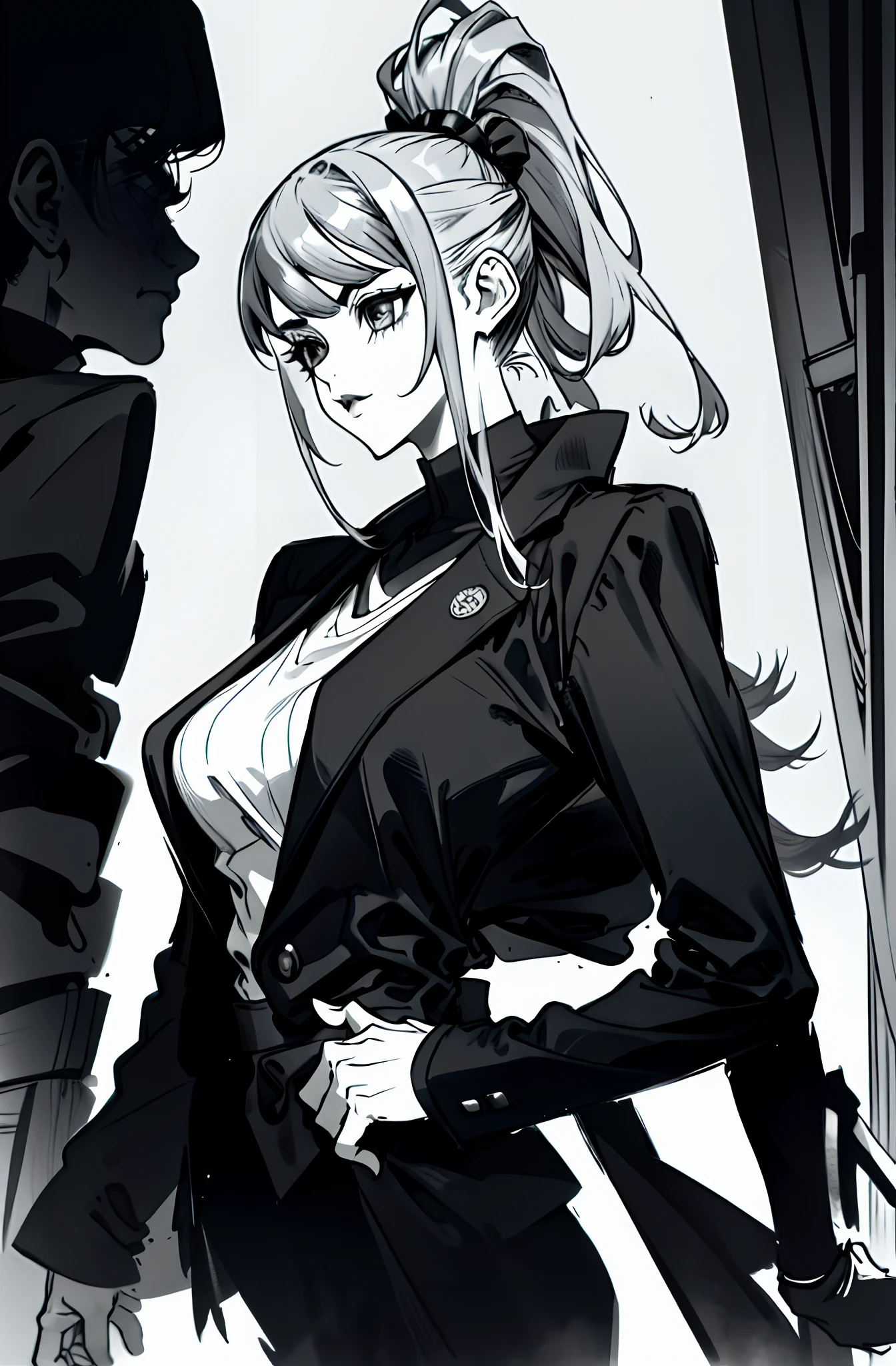 waifu with silver hair，High ponytail，With bangs，Black coat，Black clothes，In black suit，Casual suits，monochrome, greyscale, manga sketch. in boichi manga style