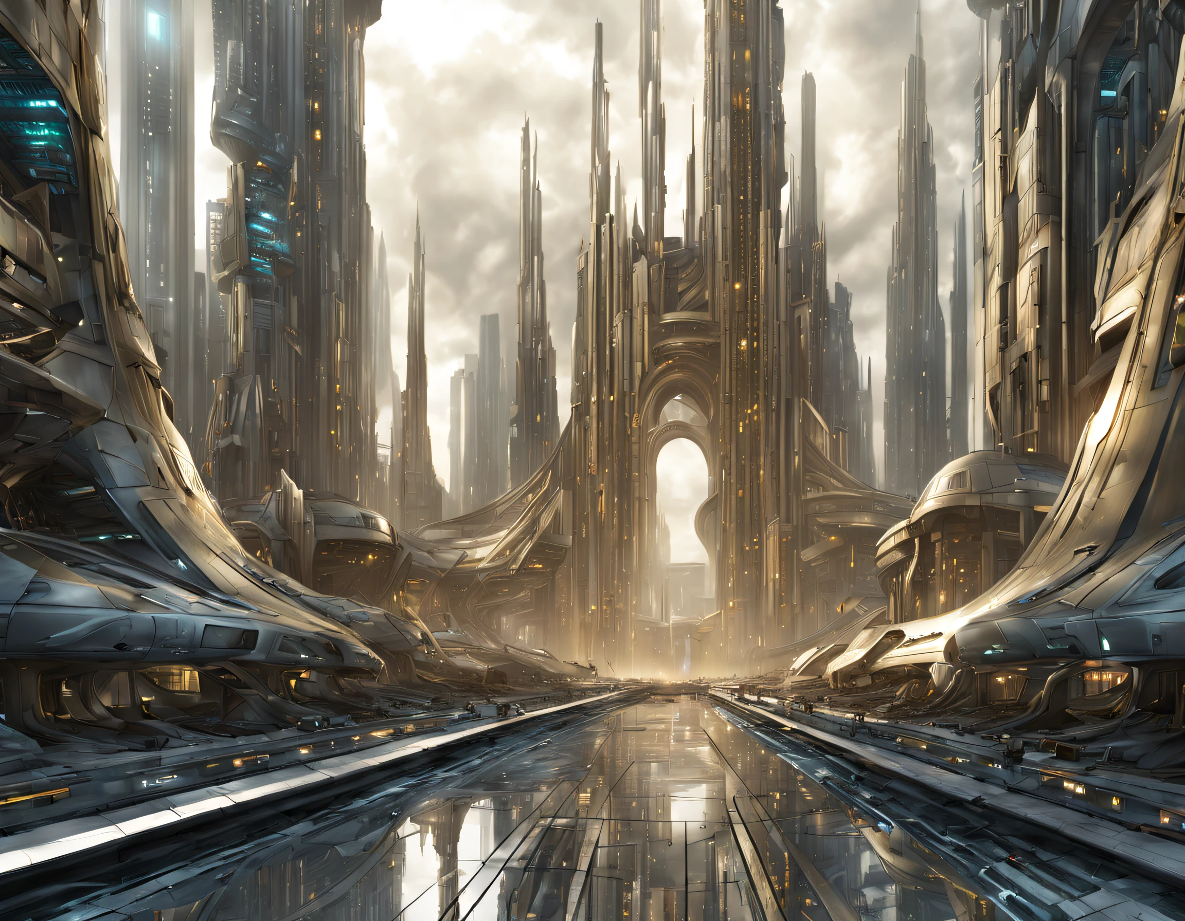 On an unknown planet lies a futuristic fantasy city with immense buildings of technological design that form an infinite avenue, con estructuras acristaladas en plata, oro y bronce espectaculares. con colores vivos. pavimento ensolado sin brillo. gente paseando. similar a un coruscant. imagen bien definida con muchos edificios juntos. 8k.