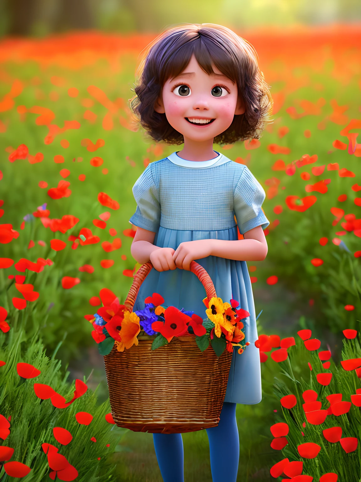 (pixarstyle:1.25) a waist-length portrait of a little girl with a basket of flowers, overgrown with poppy flower, natural skin texture, 4k textures, hdr, intricate, highly detailed, sharp focus, cinematic look, hyperdetailed --auto
