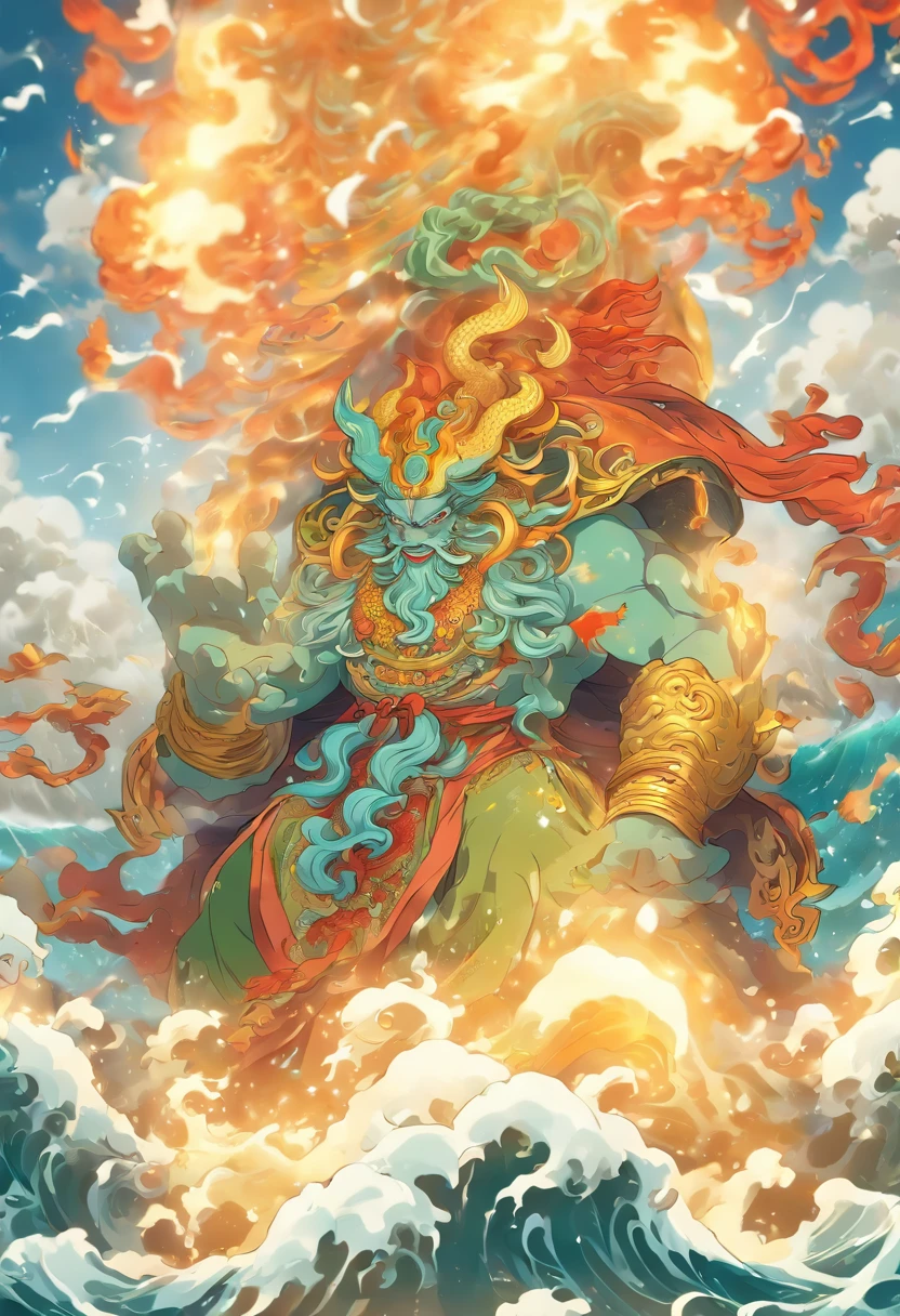 (((Chinese sea god))) Best quality, Ultra-high resolution, 4K detailed CG, ​master piece,Kaguzin, Man, Chinese-style clothes, Wind, swell sea, Smoke,Chinese mythology, Chinese, ((Next to the camera)), shui mo hua, Chinese painting style, Thangka style, Aesthetics, Beautiful image, Depth of field, centered image