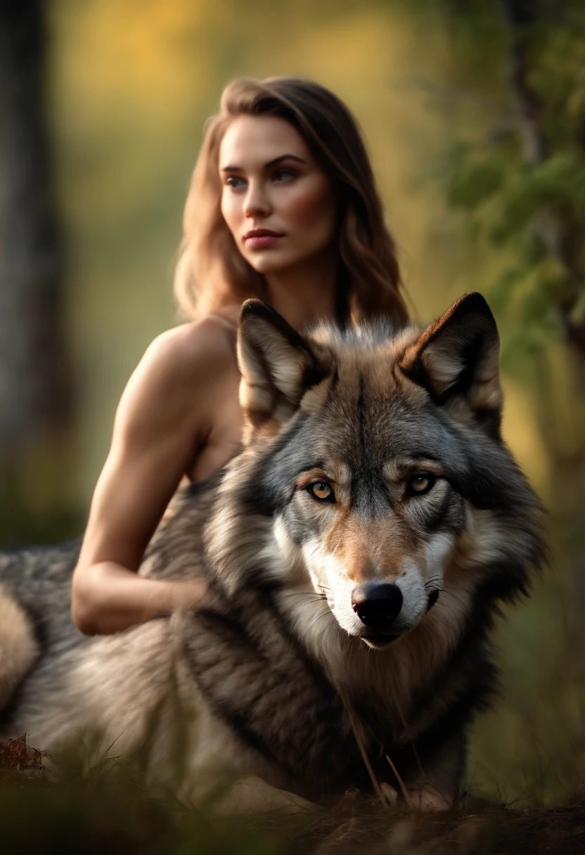 Create a hyper-realistic image of an 18-year-old Japanese girl in an ancient, dense forest. The girl is 180 cm tall, weighs 45 kg, and has a smooth, light complexion. She has long, straight blonde hair that is sleek and glossy. Her face is graceful with a diamond shape, high cheekbones, a small, delicate nose, and full, well-defined lips. Her large, expressive brown eyes have detailed irises and long eyelashes. She has an athletic yet feminine physique with medium-sized, round breasts. The image should be in ultra-high definition (4k, 8k) with soft, natural lighting to highlight her skin texture, hair shine, and facial details. Next to her, a large wolf stands. The wolf should be depicted with exceptional detail: its fur is thick and rugged, with shades of dark gray and silver that catch the light. Its eyes are sharp, piercing, and golden, reflecting the wildness and intelligence of the creature. The wolf's muscular build should be evident, with powerful legs, a broad chest, and a poised stance that exudes strength and alertness. The wolf's nose is wet and black, with small drops of moisture catching the light. The scene is set in a mystical, ancient forest with towering trees, dense underbrush, and faint rays of sunlight breaking through the canopy, adding depth and atmosphere to the image.