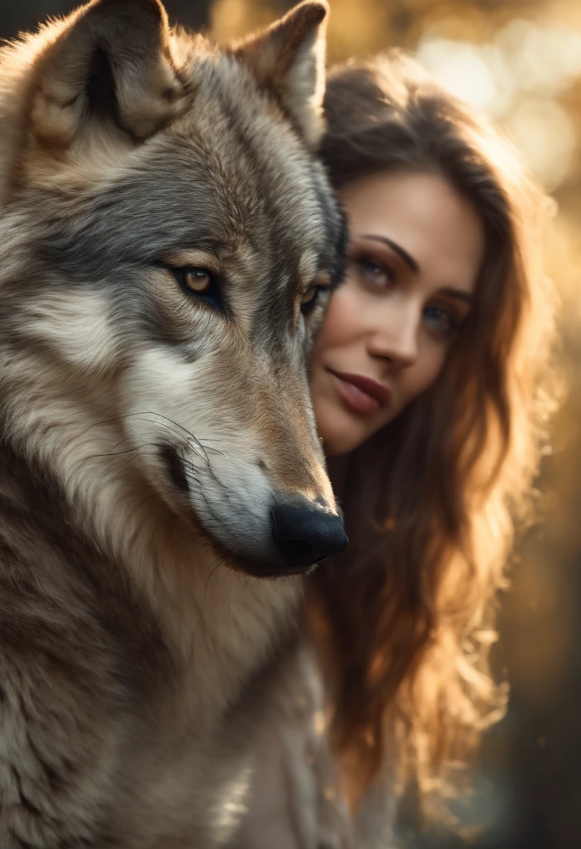 A huge wild gray wolf protecting a beautiful girl
(masterpiece: 1.5) (photorealistic: 1.1) (bokeh) (best quality) (detailed skin texture pores hair: 1.1) (intricate) (8k) (HDR) (wallpaper) (cinematic lighting) (sharp focus )