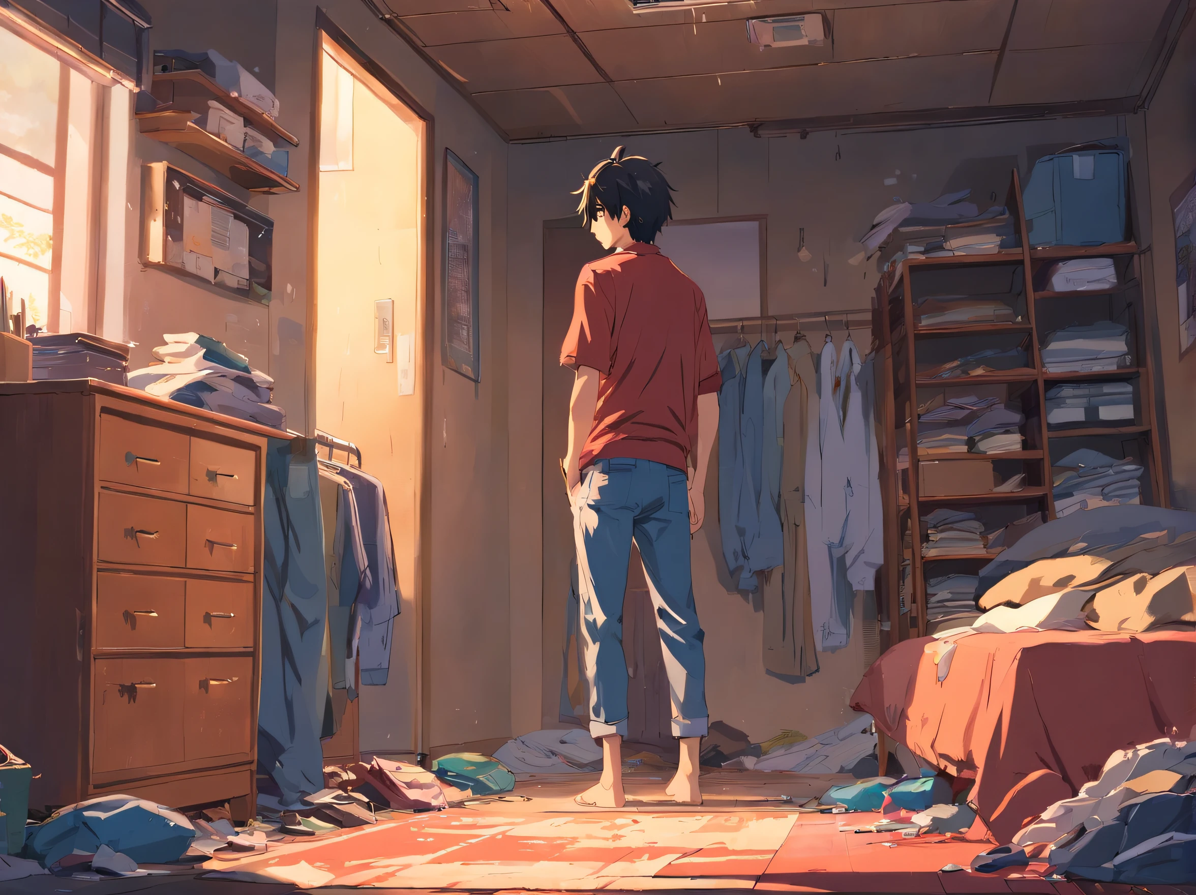 (japanes:1.2),Detailed drawing of a man behind in dirty and damaged bad clothes, Messy youth room, darkened room.weakened face