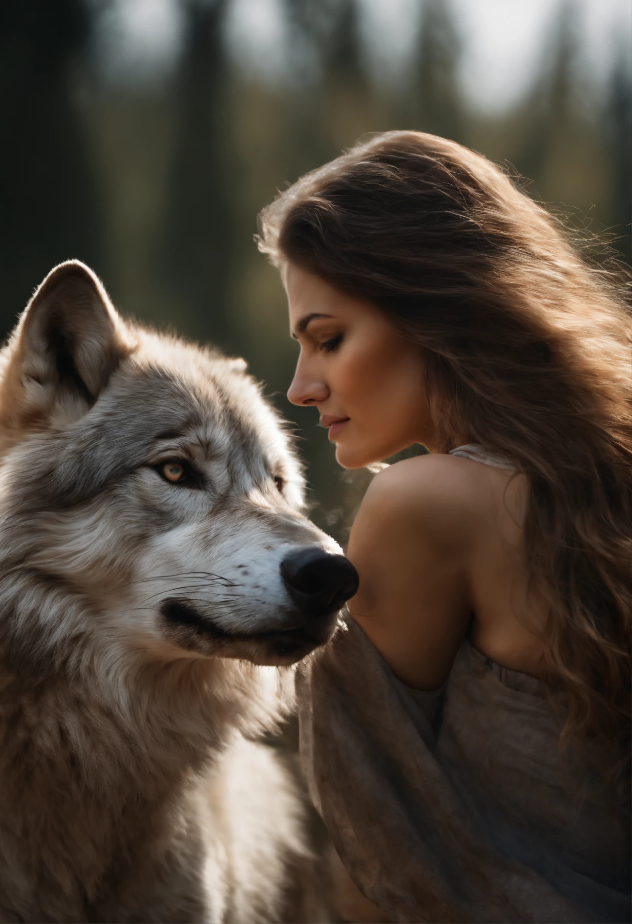 A huge wild gray wolf protecting a beautiful girl
(masterpiece: 1.5) (photorealistic: 1.1) (bokeh) (best quality) (detailed skin texture pores hair: 1.1) (intricate) (8k) (HDR) (wallpaper) (cinematic lighting) (sharp focus )