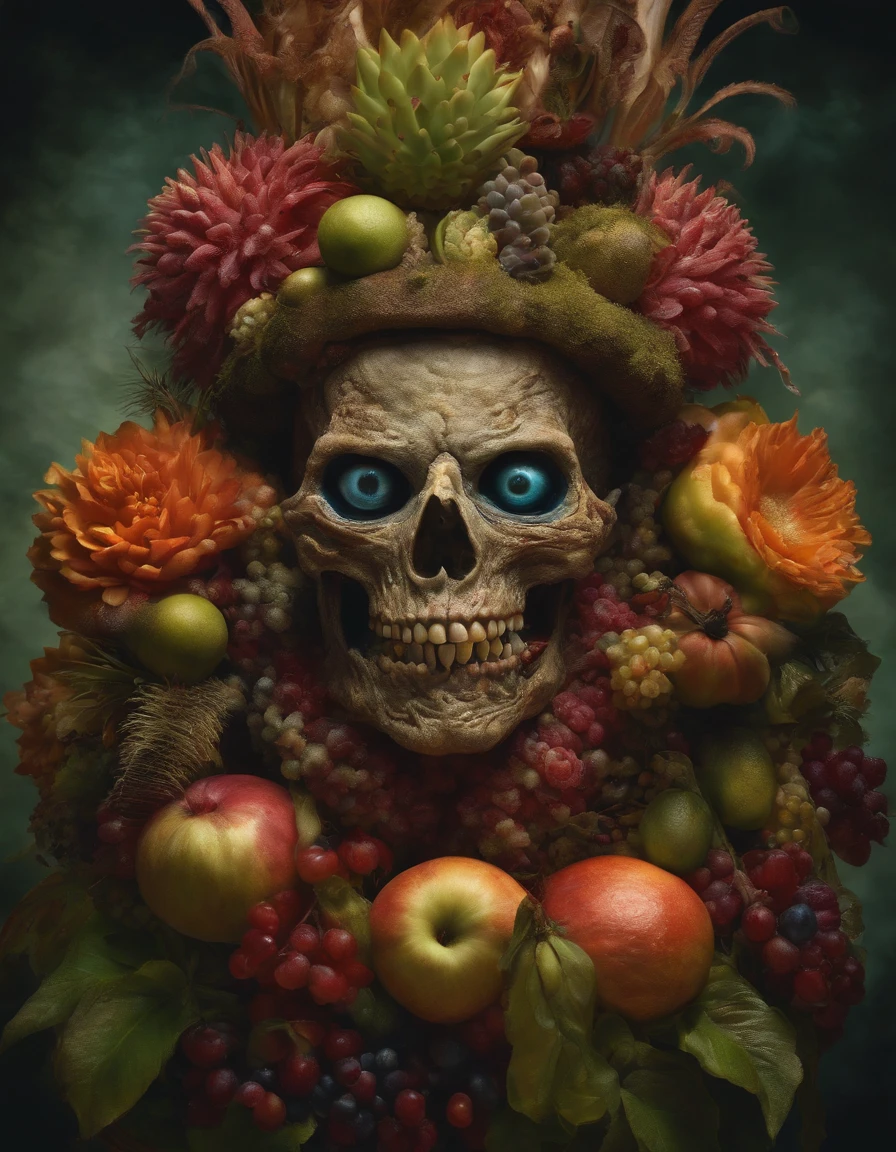Horror, Monster, Creature, "cheseecake zombie in the style of Giuseppe Arcimboldo", surreal hallucinatory intricately detailed sharp focus
