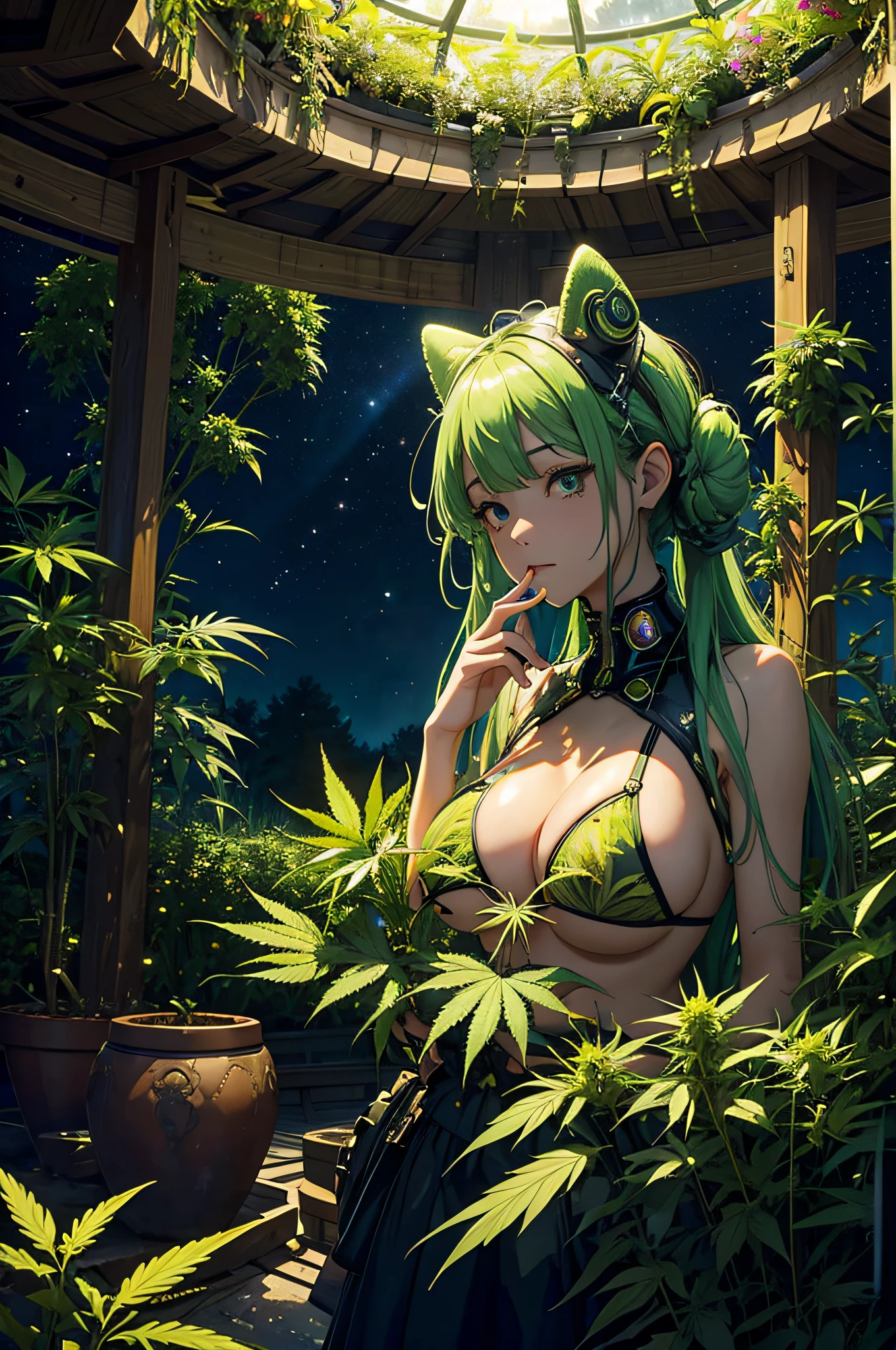 spirals、intergalactic、1√1、Cannabis Garden, (extraterrestrial:1.3), (Vibrant:1.2) Colors, complex pattern, (Enchanting:1.1), (Superb Boobs:1.2) Forests, (Dukeis:1.1),Ecosystem,shapes, floating, Outer space, Mystical dimension, Farbe, marijuana, Cannabis flowers, Hemp leaves, Bonn, potted, Marijuana Punk、Guibli、Smoke drifts in the air、A space where music is playing、A place where the good aroma of mellow cannabis envelops