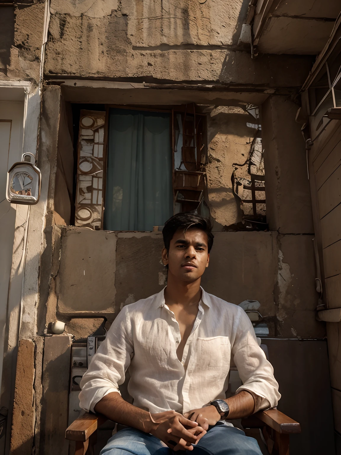 Cinematic background, handsome Indian boy with square face shape and pointed chin ,wearing simple linen white shirt with jeans and a classic watch in left hand sitting on a chair beside a window,8k