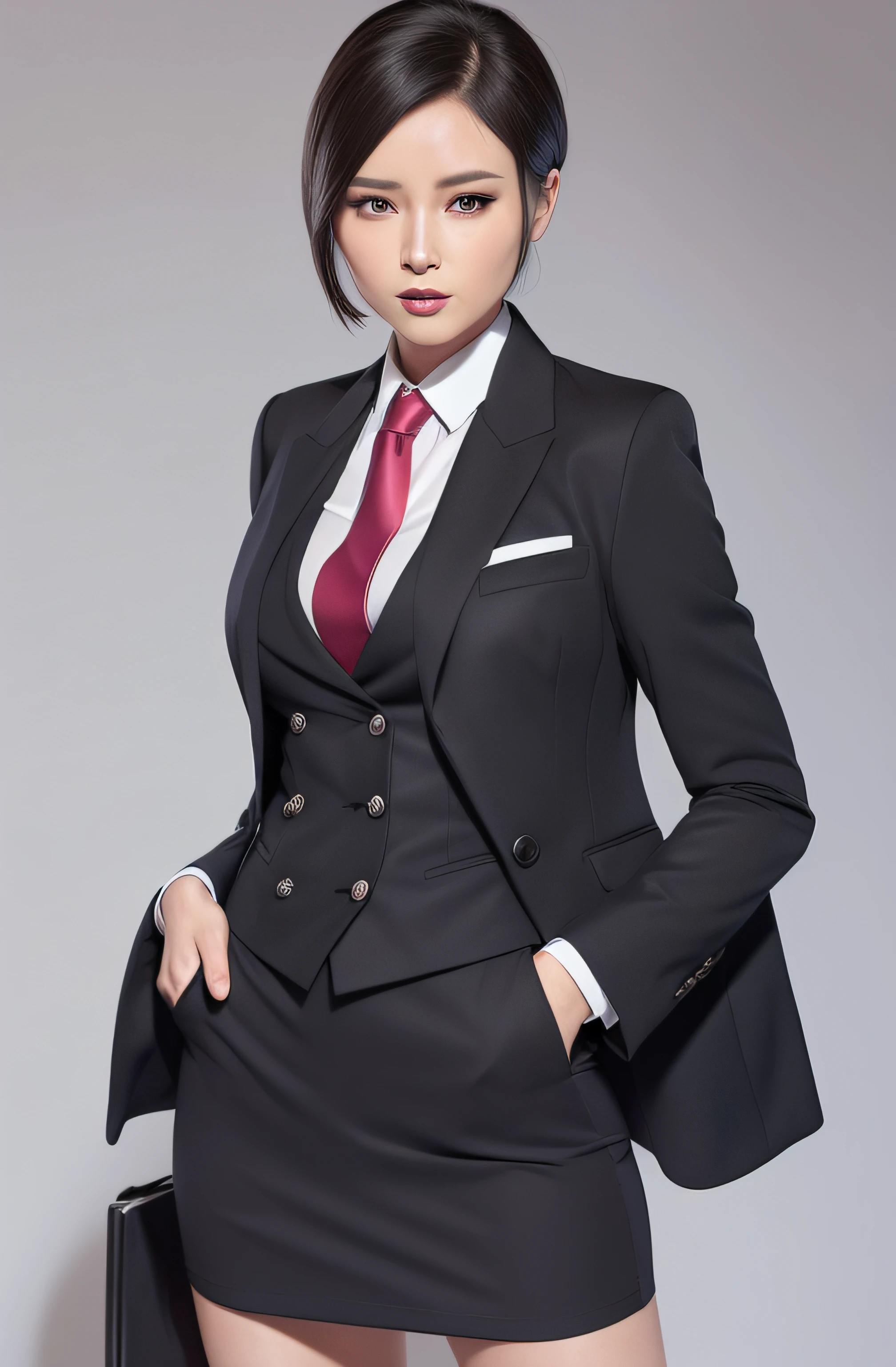 1 woman, ada wong, skirt suit, (((three-piece suit))), necktie, blazer, (((suit jacket))), (((waistcoat))), double-breasted waistcoat, bodycon miniskirt, pencil skirt, tie clip, pocket square, pocket watch, pantyhose, high heels, makeup, lipstick