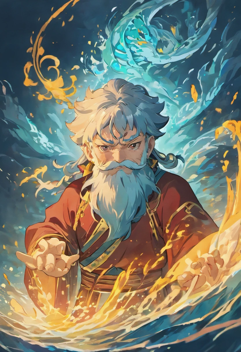 (((Chinese sea god))) Best quality, Ultra-high resolution, 4K detailed CG, ​master piece,Kaguzin, Man, Chinese-style clothes, Wind, swell sea, Smoke,Chinese mythology, Chinese, ((Next to the camera)), shui mo hua, Chinese painting style, Thangka style, Aesthetics, Beautiful image, Depth of field, centered image，Headshot，senior citizen，Below there are people praying for the god of the sea