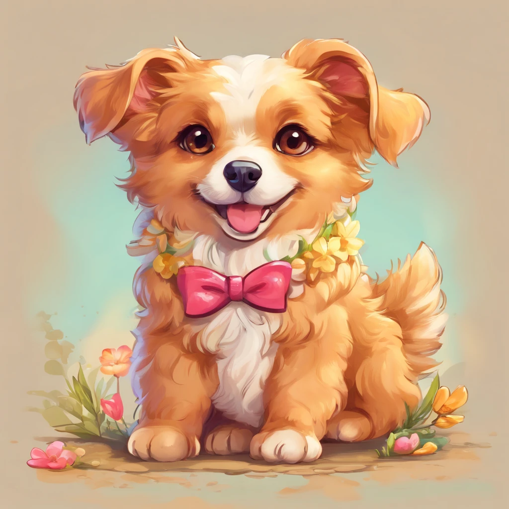 A dog with a bow on its head is sitting on the ground, Exibindo Pata, corpo inteiroesbian, Lovely Digital Ink, bela arte digital, bela arte digital detalhada, Prey Dog, painting of cute dog, kawaii cute dog, bela arte detalhada, Retrato limpo, arte de pintura digital dos desenhos animados, pintura digital dos desenhos animados, arte fofa, Lori, orelhas fofas, Nice Cartunesco, pet animal, kawaii retrato realista