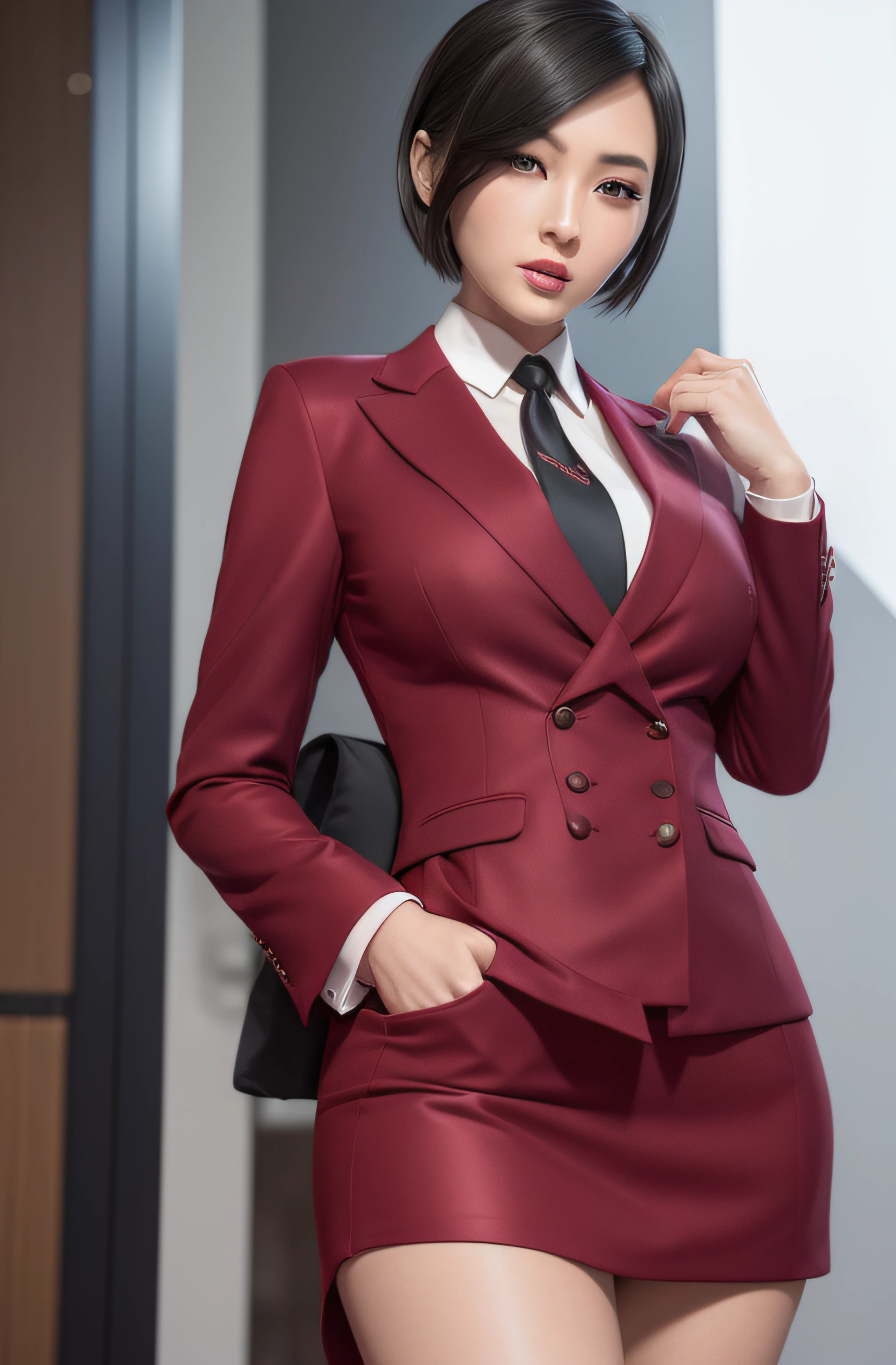 1 woman, ada wong, skirt suit, (((three-piece suit))), necktie, blazer, (((suit jacket))), (((waistcoat))), double-breasted waistcoat, bodycon miniskirt, pencil skirt, tie clip, pocket square, pocket watch, pantyhose, high heels, makeup, lipstick