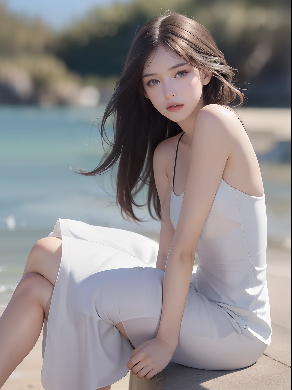 (8k, RAW photo, top quality, masterpiece: 1.2), (full body: 1.1), (long sleeve: 1.2), (long pants: 1.2), highest quality, masterpiece, (small pants: 1.2), very delicate and beautiful, 8k wallpaper, amazing, fine details, masterpiece, top quality, (22 years old: 1.2), slender waist, (bright blue sky and white clouds, coast, sitting, nature: 1.2), slim, shy, pure, cute, blonce hair, thick hair, soft hair, high contrast, replenishing light, beautiful and delicate eyes (silently), (long hair: 1.2)