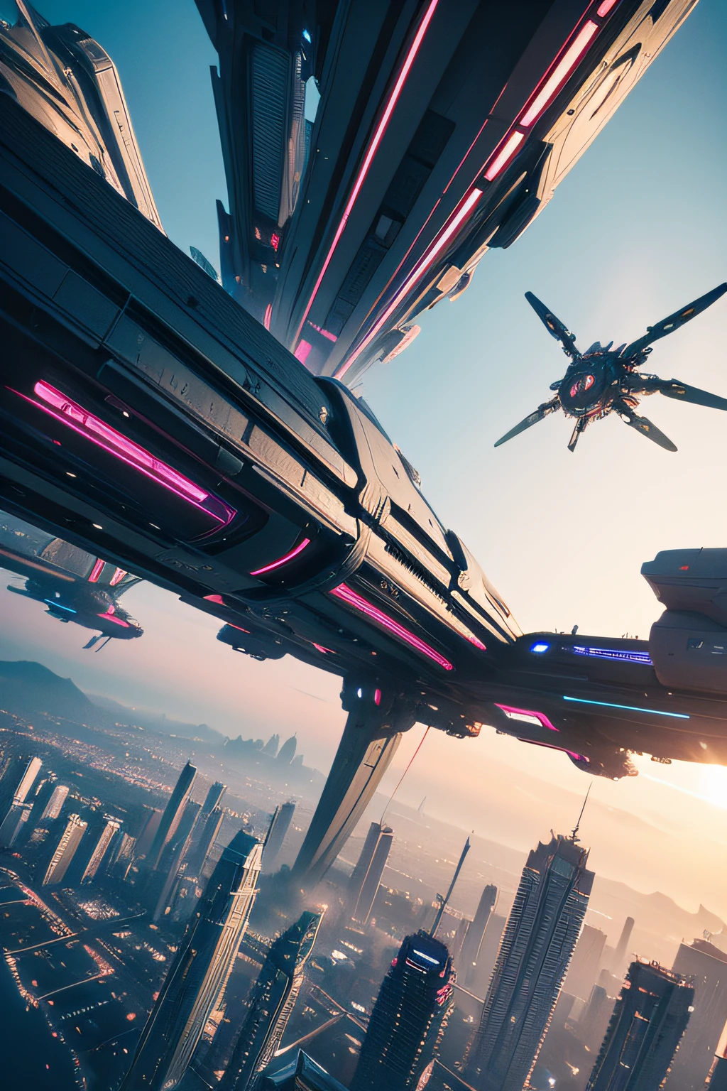 Create futuristic hyper-arism works of art, Imagine a city in the sky, Complex architectural structures and advanced technology. Depict this futuristic city in rich detail, Capture bright light, Suspended platforms and flying vehicles crisscrossing the sky.