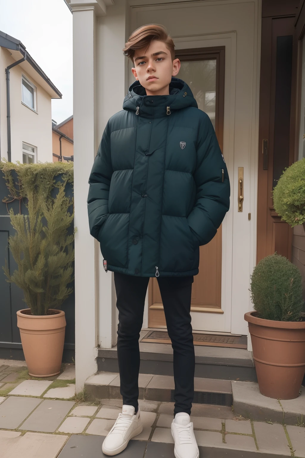 year: 2023. Location: Sweden. Pre-Raphaelite scene with a 16-year-old twat thug boy, looking down, ashamed, hands in his pokets, ((sullen look)), in front of a terraced house garden, ((((teen winter Clothing from the 2020s)))) ((Hairstyle of the 2020s)), ((("OMITB" cinematography)))