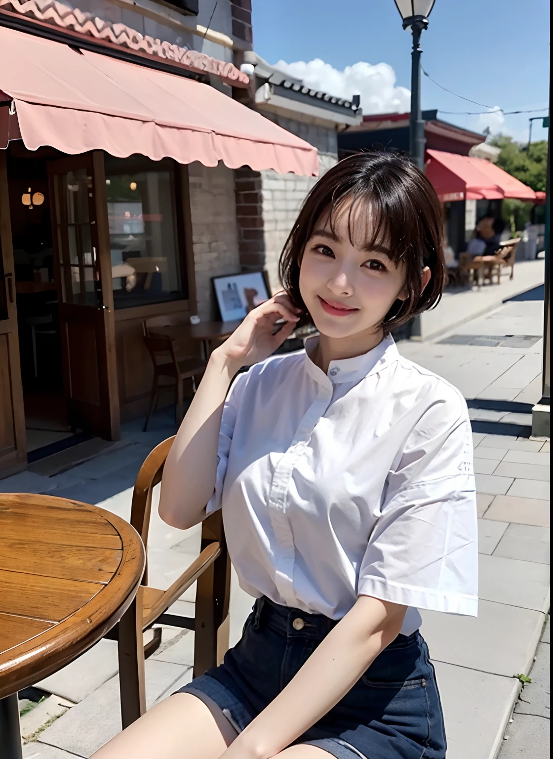 (8K、top-quality、​masterpiece:1.2)、(realisitic、Photorealsitic:1.37)、ultra-detailliert、女の子 1 人、cute little、Soio、Beautiful detailed sky、Detailed Cafe、Daytime、sitting on、date、(Nasal blush)、 (A smile:1.15),(Closed)Beautiful fineness,(shirt with collar:1.1),Casual clothing、Date Costumes、(short-hair:1.2),Floating Hair NovaFrogStyle,Korean