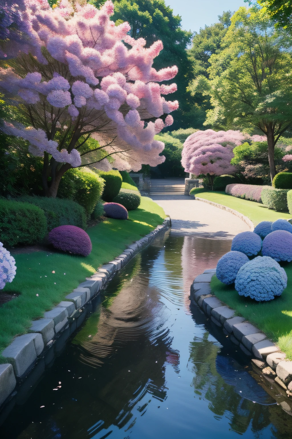 hydrangeas, Park, lake, Small hill, Pebble Road,Anime, masutepiece, Best Quality, Anatomically correct, high details, 8K, Wallpaper