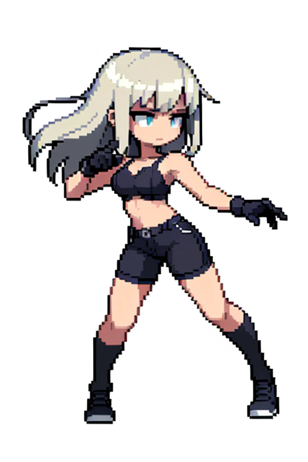 (masterpiece, top quality, best quality, less detail, 8-bit color), pixel,pixel art,1girl,full body, thin girl, idle pose,attack pose, US style, poor jacket, game asset, simple silver hair, simple bra on top, simple short pant