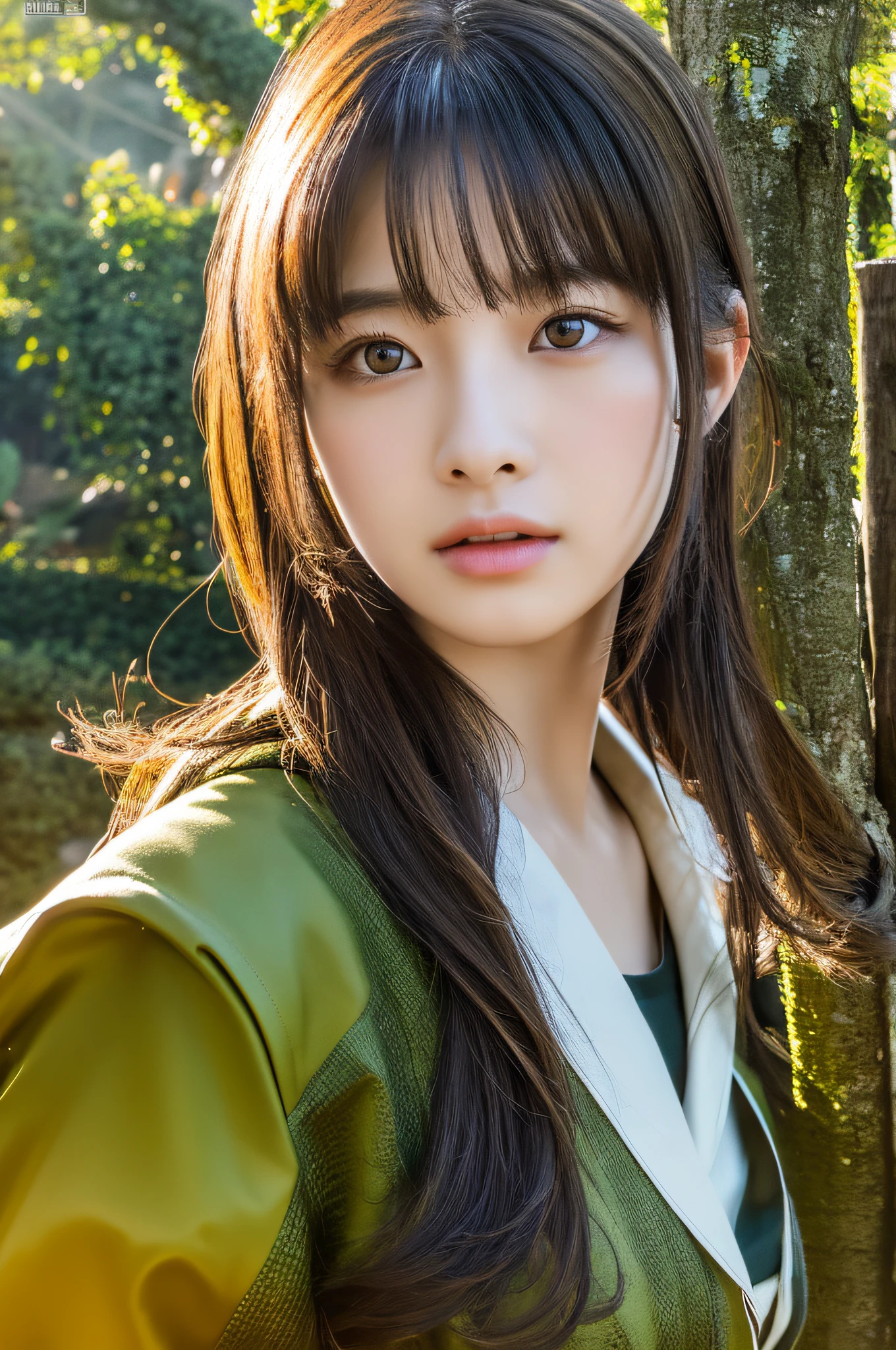 1girl,full body Photo Standing,japanese,25old year, black medium-length hair & green highlight hair,a little freckles,Traditional clothes,sitting on the stairs,Traditional landscape,Super high-quality output images,hight resolution,Intricate details,Hair fluttering in a very delicate and beautiful wind,photos realistic,Dreamy,Professional Lighting,realistic shadow,Solo Focus,Beautiful hands,Beautiful fingers,Detailed finger features,detailed clothes features,Detailed hair features,detailed facial features,