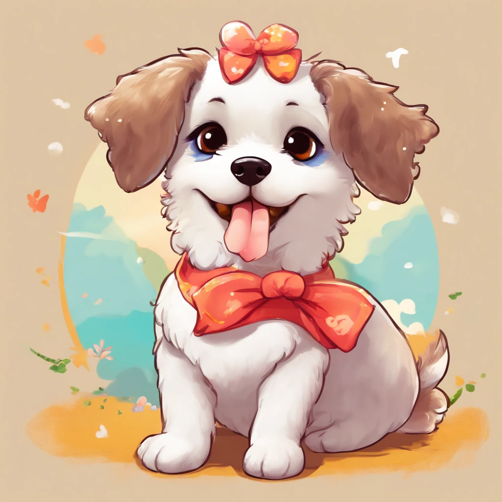 A dog with a bow on its head is sitting on the ground, Exibindo Pata, Corpo inteiroesbiano, Lovely Digital Ink, bela arte digital, bela arte digital detalhada, Prey Dog, painting of cute dog, kawaii cute dog, bela arte detalhada, Retrato limpo, arte de pintura digital dos desenhos animados, pintura digital dos desenhos animados, arte fofa, Lori, orelhas fofas, Nice Cartunesco, pet animal, kawaii retrato realista