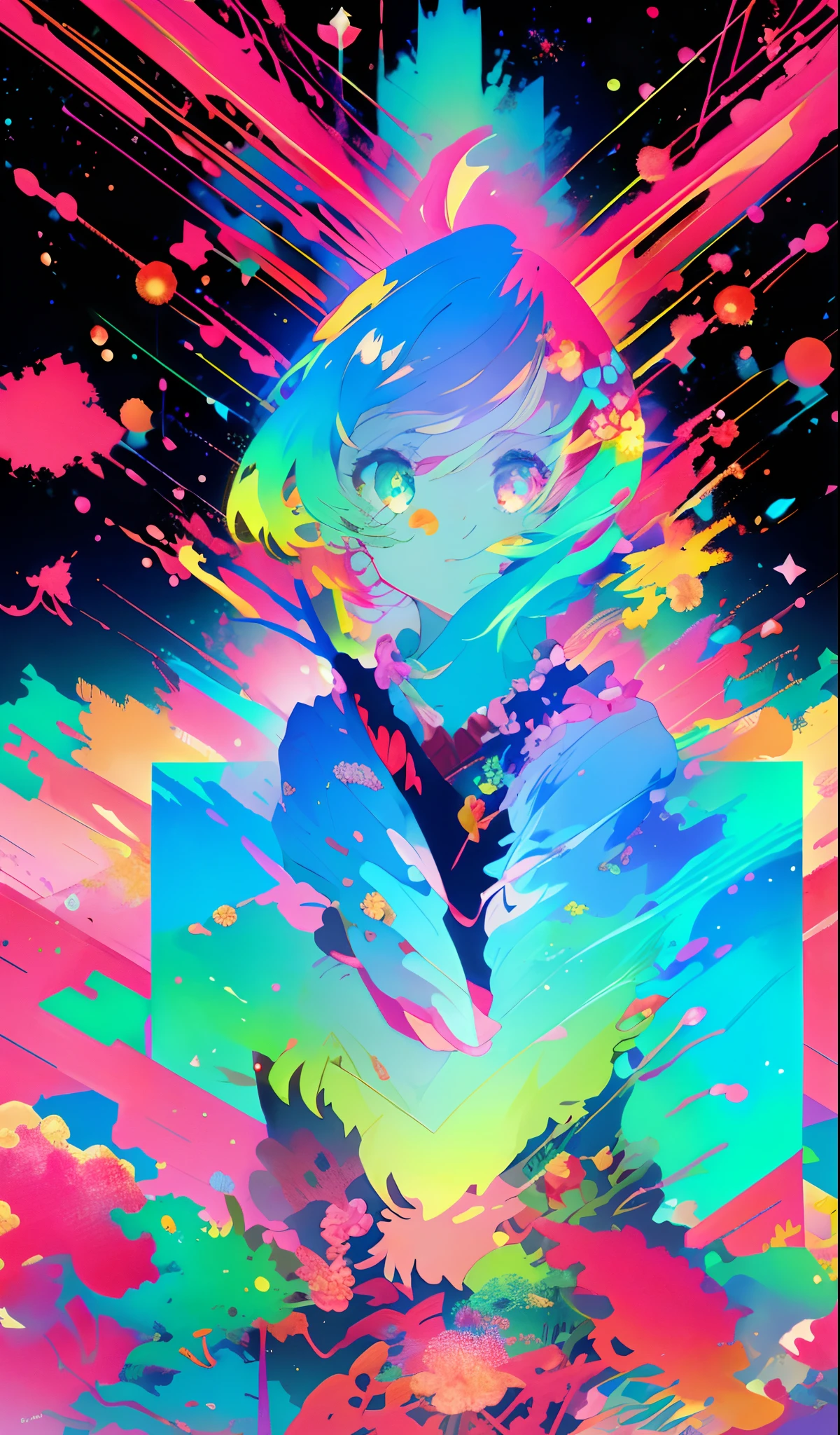 Anime girl with colorful hair and cat ears sitting on colorful meadow and flowers, anime moe art style, anime monster girl, style of anime4 K, 2 d anime style, Anime Girl with Long Hair,demon anime girl, Mikudayo, Anime girl with teal hair