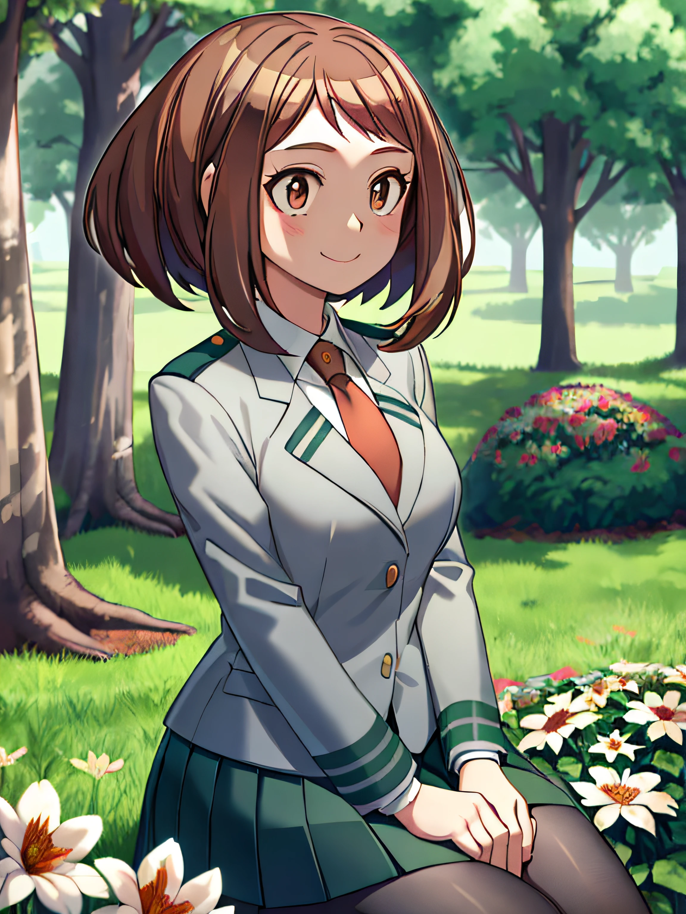 a beautiful and detailed character portrait of ochako, brown hair, school uniform, pantyhose, green skirt,grey coat, tie, , smile, trees, ((flowers)), bushes,solo, cinematic lighting, shaded, sit, park