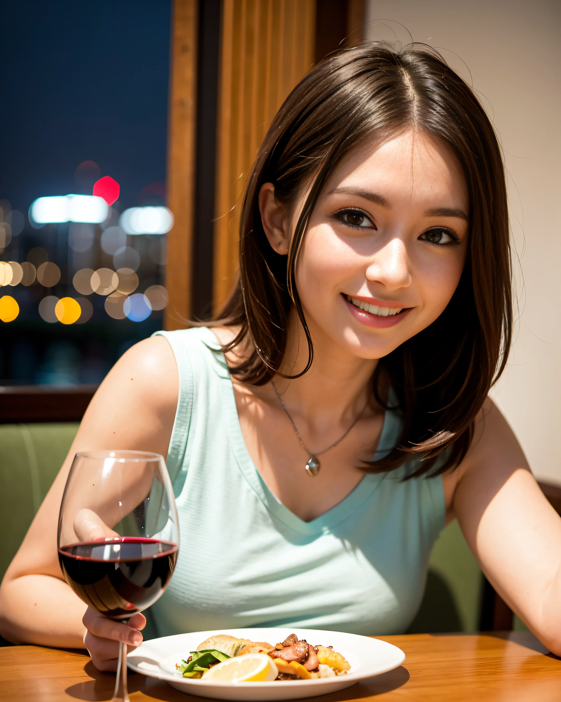 (64K, UHD, top quality, masterpiece: 1.2), (realistic, photorealistic: 1.37), super detailed, pretty woman 1 person, (slim face), (slim body), (brown hair), (short cut), cheeks slightly blushing, (44 years old), 38 years old, solo, beautiful detailed urban night view outside the window, restaurant, wine glasses sit, at night, in a prominent placeNovaFrogStyle, Actress, Model, Waist Up, White Wine, Slim, Wine Glass, Super Clean Night View, Wine Glass Put in the Middle, Happy Smile, (Smile: 1.15), Beautiful Fine Eyes, Upper Body, Bust Japan Up, Night, Short, Short, Actress, Model, Waist Up, White Wine, Slim, Wine Glass, Super Clean Night View, Wine Glass Put in the Middle, Happy Smile,