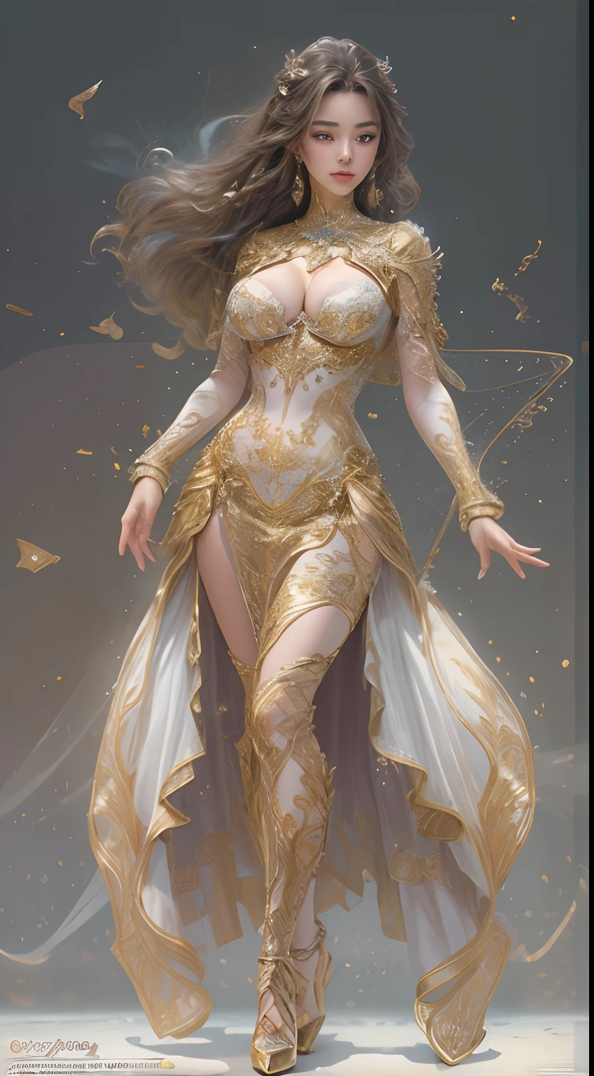 Woman in golden transparent dress,high-heels, (((Huge breasts, Large cleavage))),Slim waist,(Bare waist), Long hair, Microcurly Hair, Ultra-detailed details,High-end Zhenyi Railway Station, Storm Sight, detailed fantasy art, Stunning character art, Beautiful and exquisite character art, Beautiful gold and silver armor, Extremely detailed, Girl in shiny armor, Exquisite tiaras and jewelry,Crystal Jewelry Filigree, Full body capture, milkyway, stunning visuals, (Dynamic streaks, Light Track:1.2), Vibrant colors,