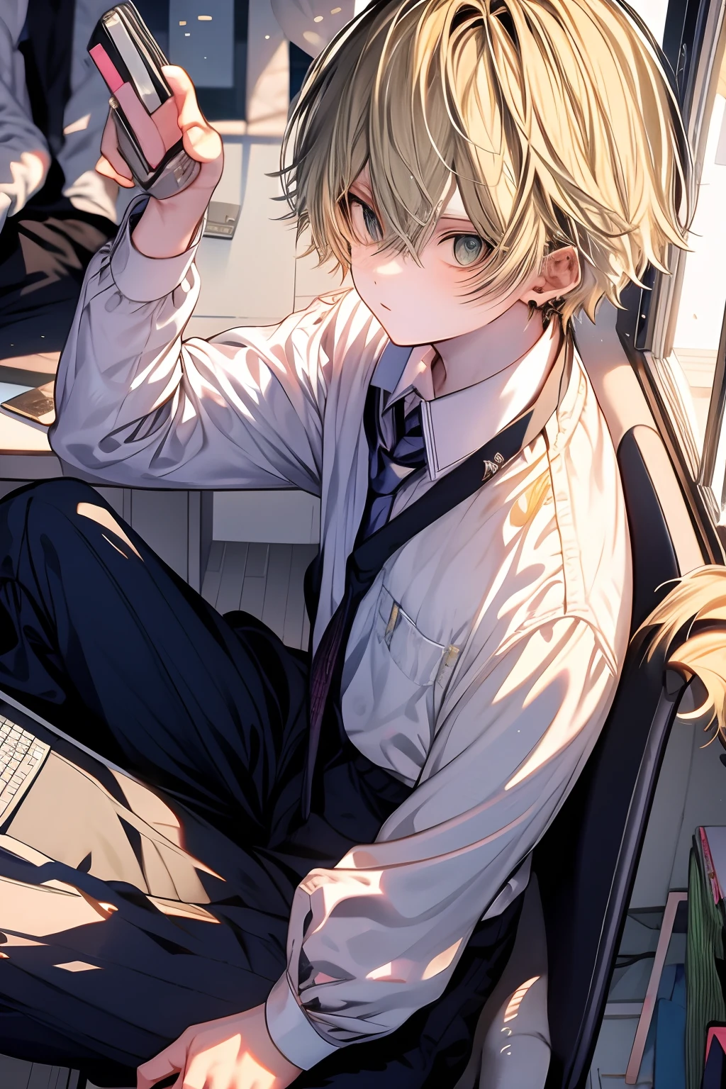 kpop boy, blond hair, necktie, on office with a computer, proper seating, near glass window view