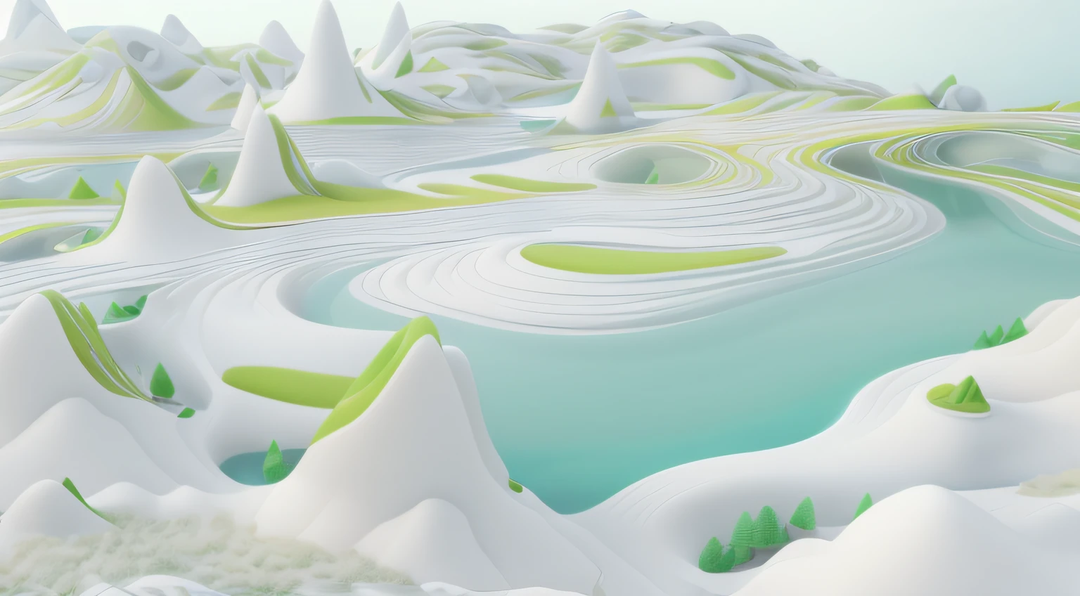 3d rendered closeup of mountain with lake, futuristic landscape, 3D landscape, 3 d landscape, beautiful landscape rendering, soft 3d render, Fractal landscape, rippled white landscape, Valle futurista, 3d matte illustration, Smooth 3D illustration, smooth 3 d illustration, stylized as a 3d render