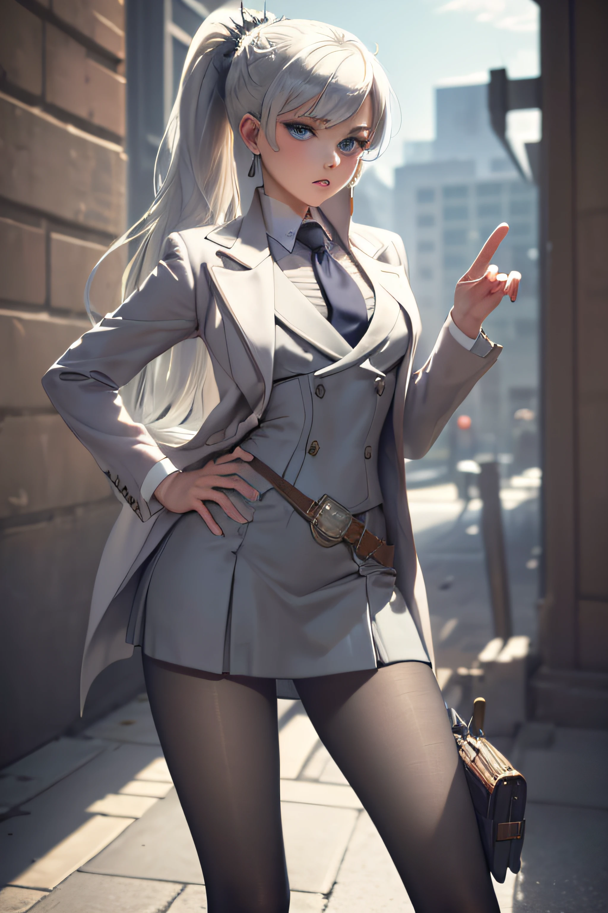 (masterpiece, best quality:1.2), cowboy shot, solo, 1girl, weissvale, looking at viewer, hand on hip, ponytail, scar on eye,  skirt suit, (((three-piece suit))), necktie, blazer, (((suit jacket))), (((waistcoat))), double-breasted waistcoat, bodycon miniskirt, pencil skirt, tie clip, pocket square, pocket watch, pantyhose, high heels, earrings