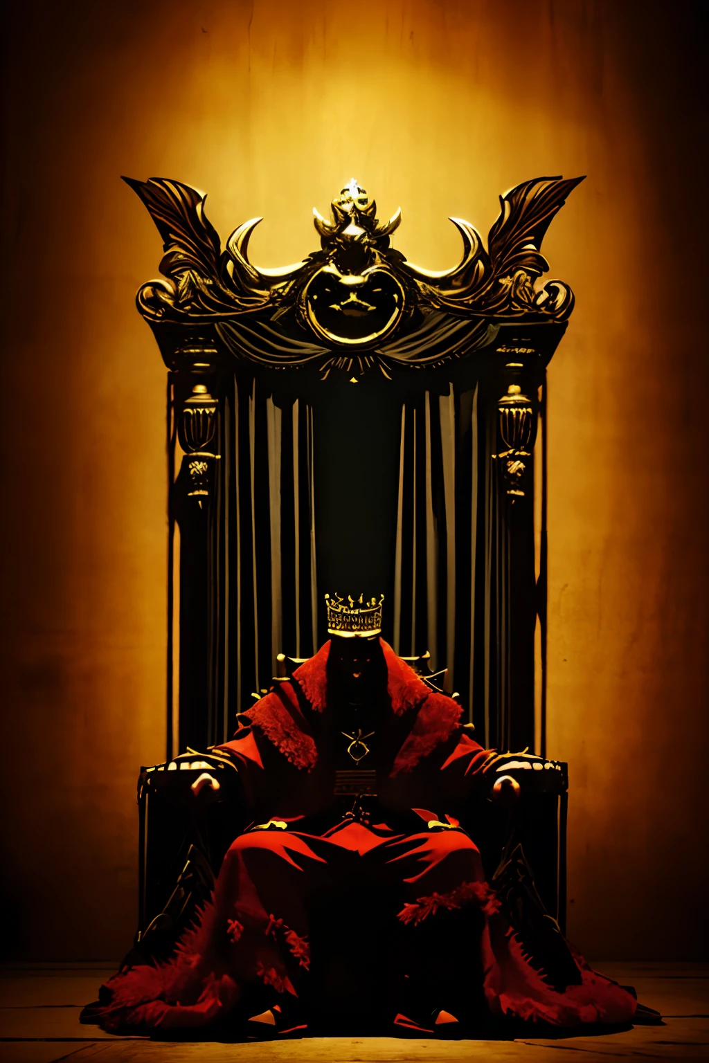 The king sits on the throne，Demons lurk in the shadows behind the throne，Bewitch the king