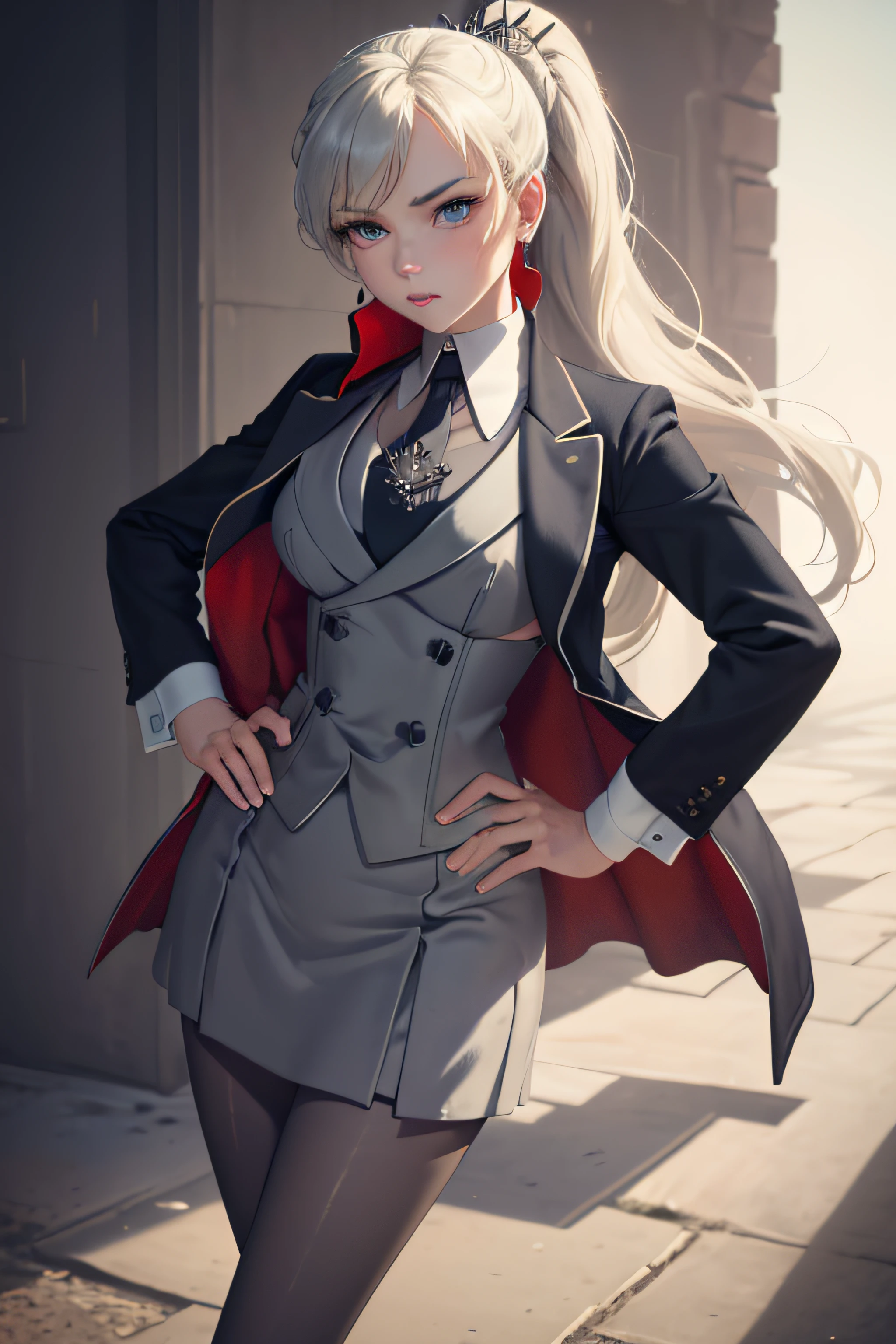 (masterpiece, best quality:1.2), cowboy shot, solo, 1girl, weissvale, looking at viewer, hand on hip, ponytail, scar on eye, skirt suit, (((three-piece suit))), necktie, blazer, (((suit jacket))), (((waistcoat))), double-breasted waistcoat, bodycon miniskirt, pencil skirt, tie clip, pocket square, pocket watch, pantyhose, high heels, earrings