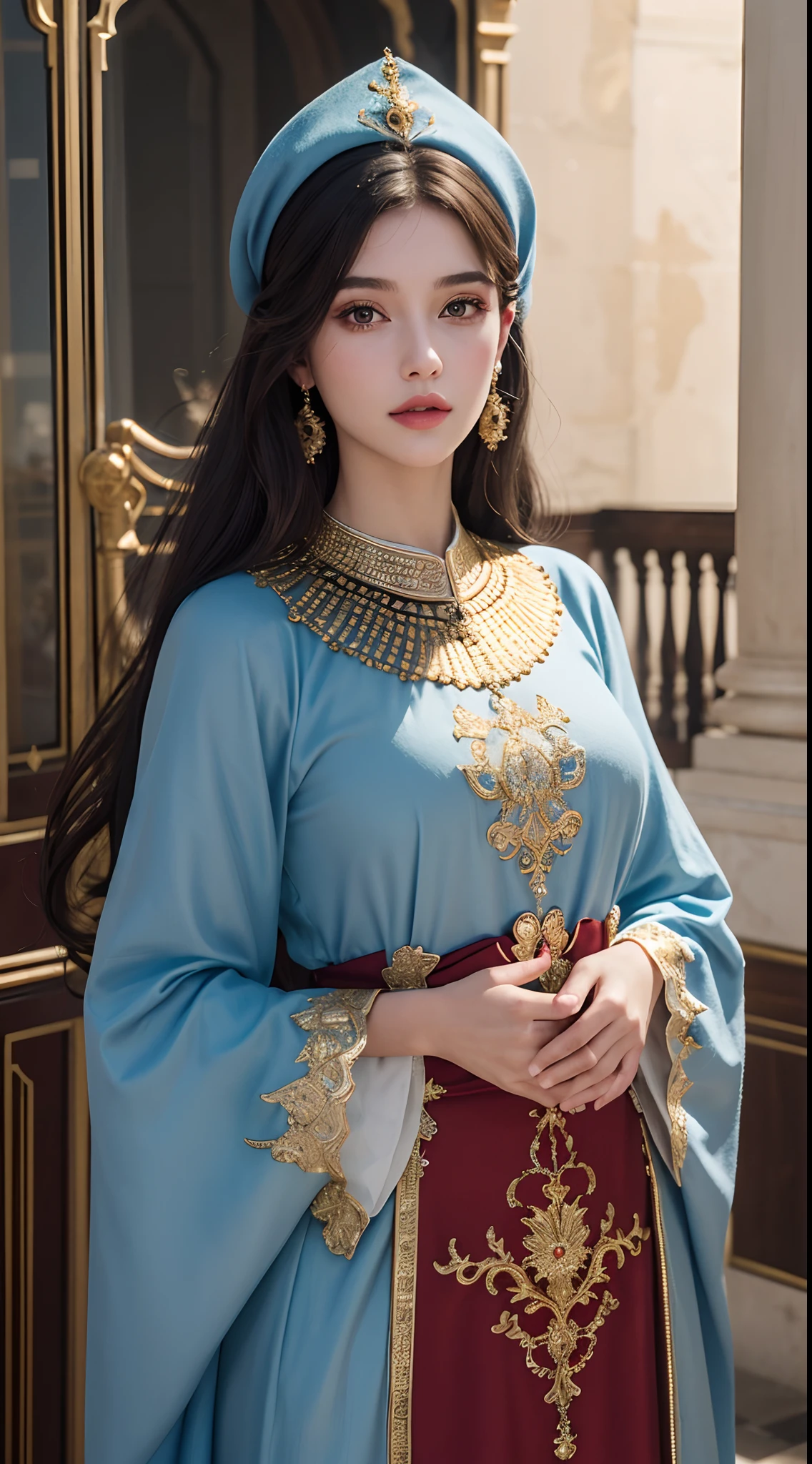 (master piece: 1.3), (8k, photoreallistic, Photo brute, beste-Qualit: 1.4), (1fille), beau visage, (realistic face), (cheveux rouges , cheveux long rouges1.3), belle coiffure, Realistic Crystal Brilliant Bright Eyes Bright, beautiful detailed eyes brilliant European beauty, (realistic skin), belle peau, (tirer), absurdes, attrayant, ultra highres, ultra realist, highly detailed, Golden number wearing a Moroccan Islamic caftan outfit half red half blue