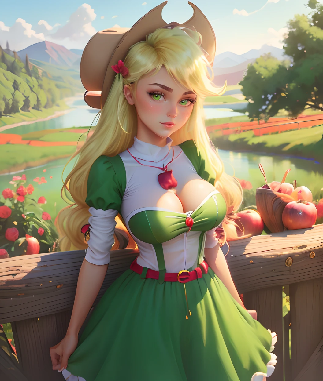 Apple Jack, Apple Jack from my Little Pony, Apple Jack in the form of a girl, long hair, voluminous breasts, very large breasts, lush breasts, bulging breasts, green and red dress, cow boy hat, picks apples, forest background, apple farm, emerald eye, blonde yellow hair, big bright green eyes, ((white fence)), ((river with flowers)), red and green flowers around her, highly detailed trees, bushes of flowers