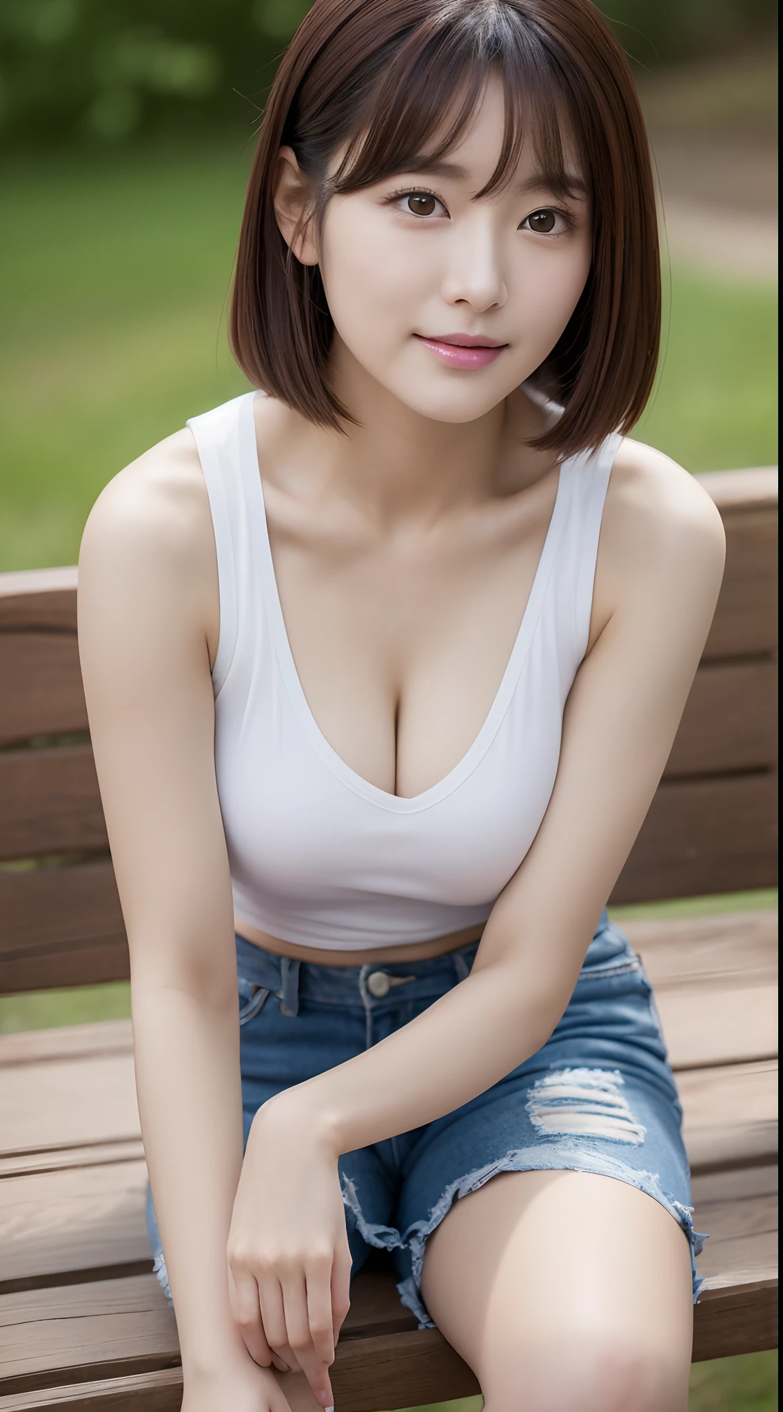 Realistic photos of (1 cute Korean star) hime cut, slightly smile, 32 inch breasts size,wearing sleeveless shirt, pants, sitting at the bench on the mountain, close-up portrait, UHD