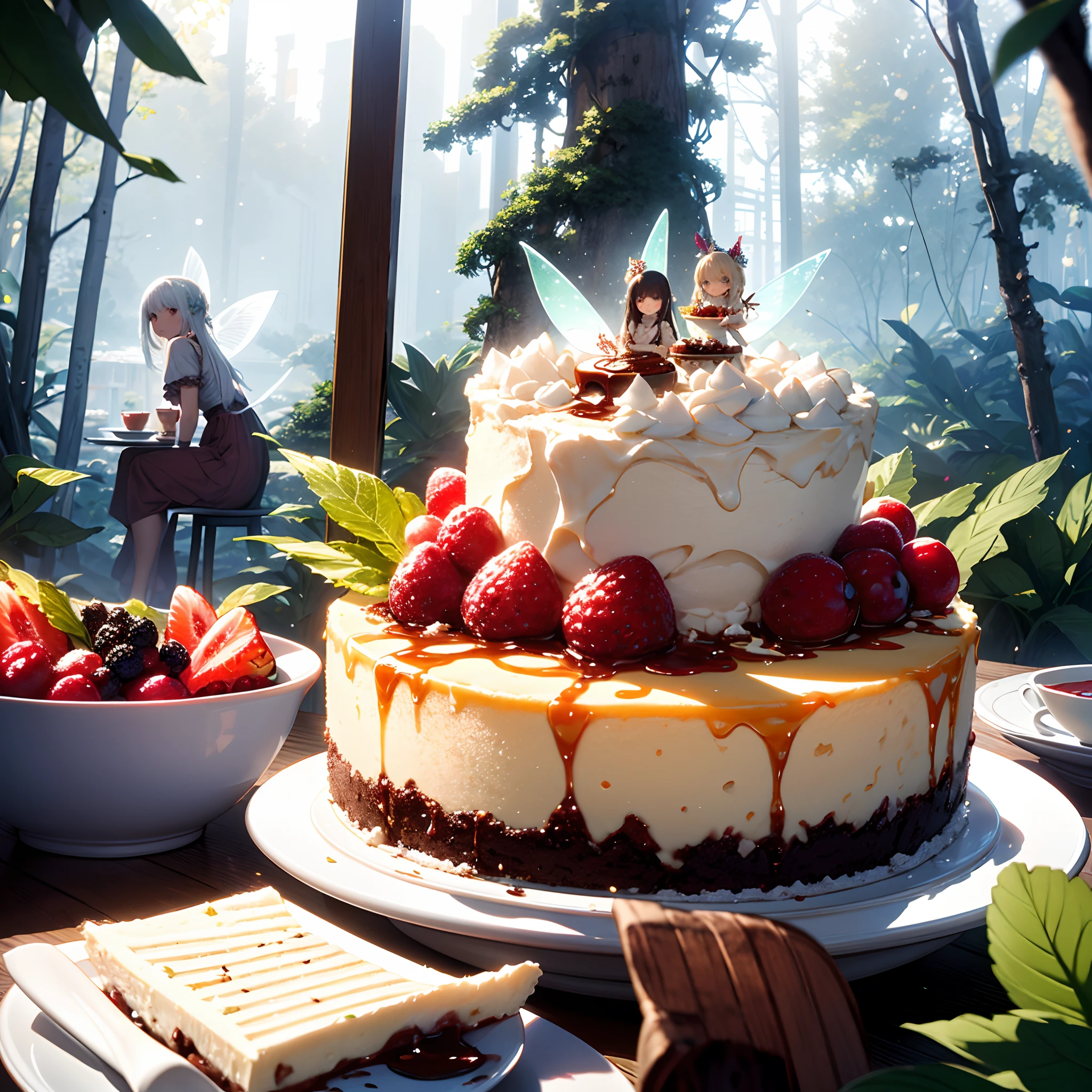 Cheesecake with tart cranberry sauce and white chocolate shavings, served with mint leaves and fresh berries. Earth made of cheesecake, trees made of chocolate, where little fairies are having a tea party. The fairies wear wings made of snowflakes and icicles.
