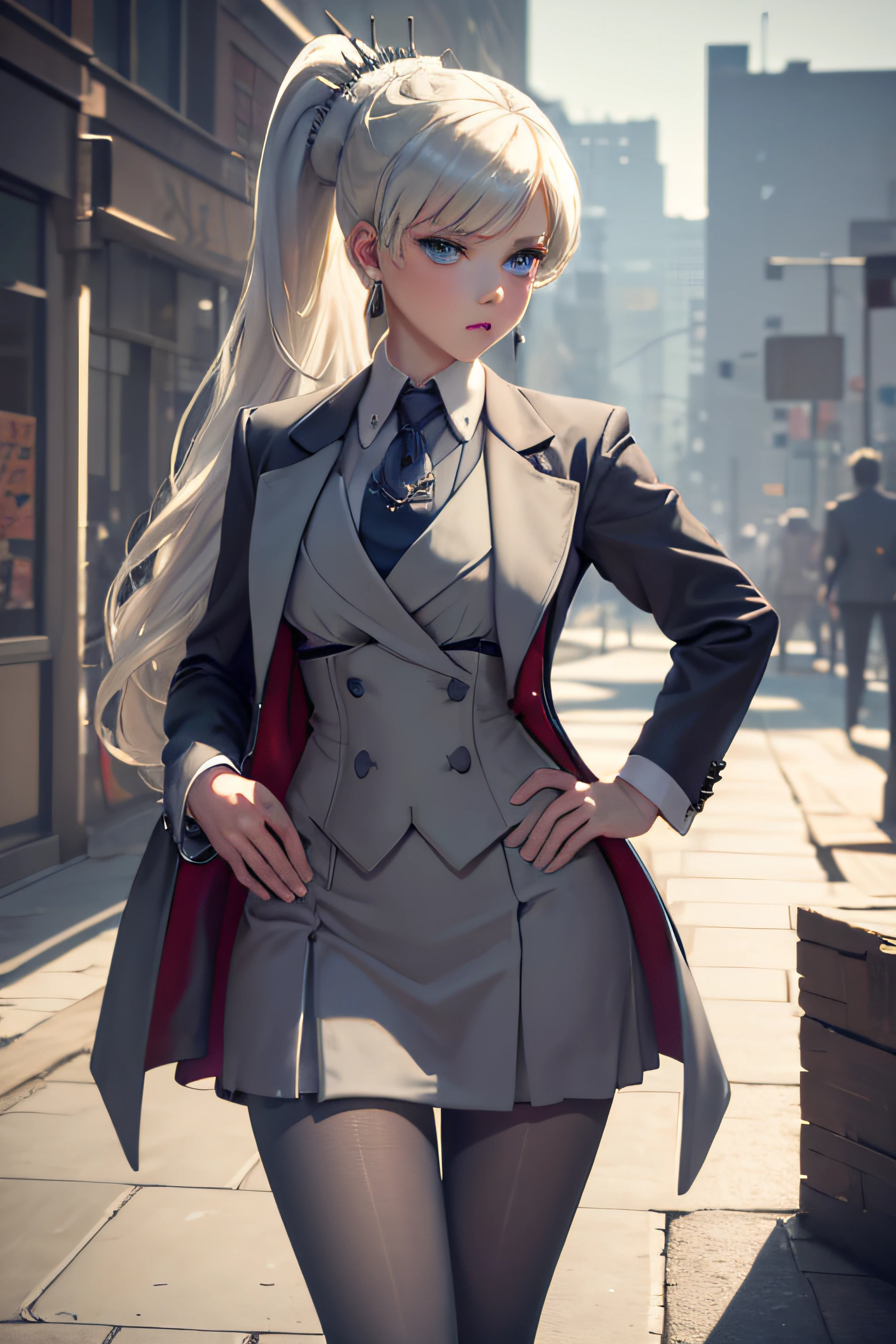 (masterpiece, best quality:1.2), cowboy shot, solo, 1girl, weissvale, looking at viewer, hand on hip, ponytail, scar on eye,  skirt suit, (((three-piece suit))), necktie, blazer, (((suit jacket))), (((waistcoat))), double-breasted waistcoat, bodycon miniskirt, pencil skirt, tie clip, pocket square, pocket watch, pantyhose, high heels, earrings