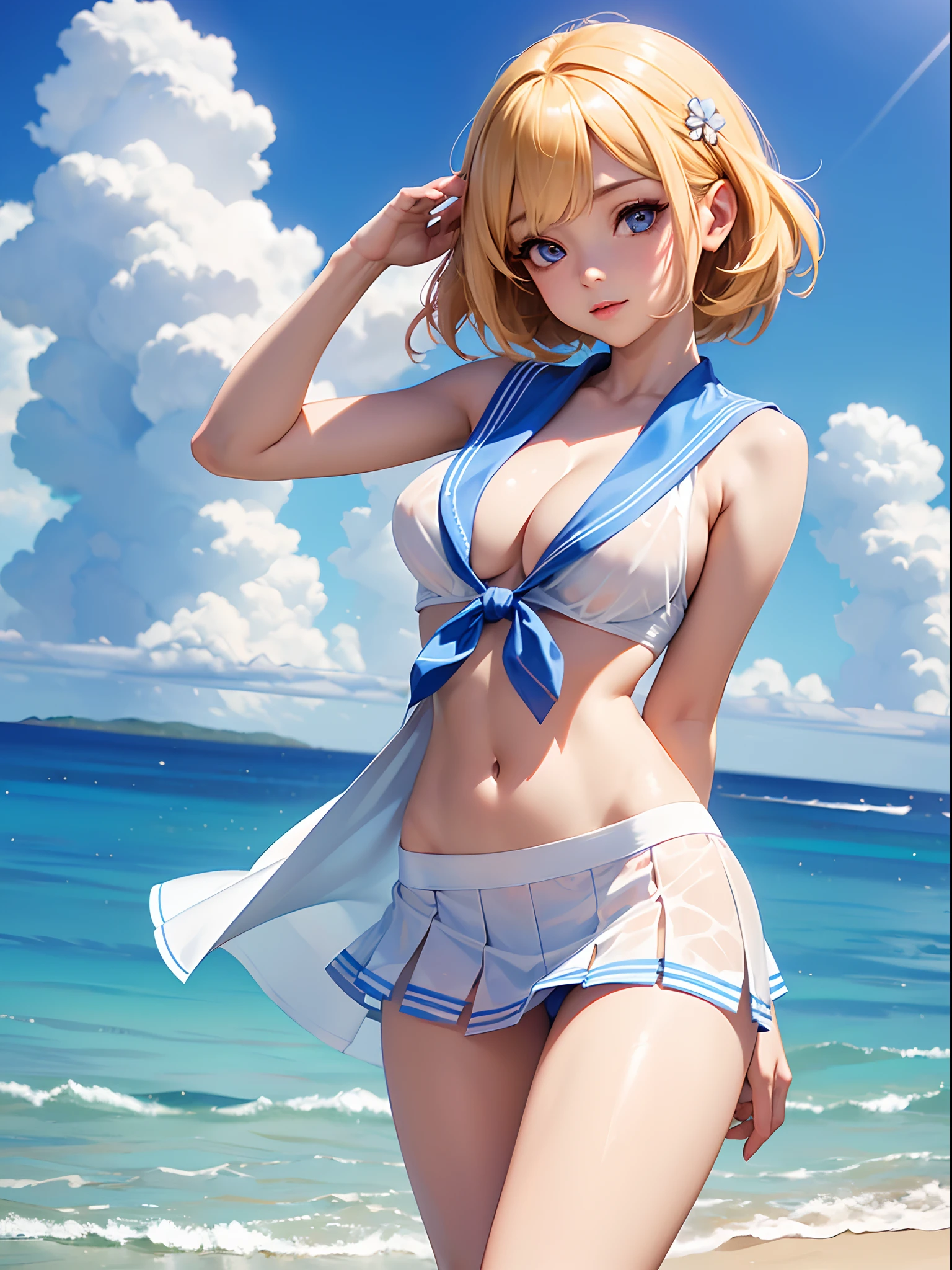 (((toppless))), (((Showing off the legs))), (((large full breasts))), (((show off cleavage))), extremely detailed CG unified 8k wallpaper, very fine 8KCG wallpaper, (masterpiece, Best Quality), High resolution, Ultra-detailed, ultra-sharp, 1 girl ,Naked, in beach, ((( Light sailor shirt, Sleeveless, Open front))), (((Navel ))), (((Sheer Micro Mini Skirt))), (Beautiful face, Cute face, Detailed face), (((Detailed beautiful eyes))), (((Sunny))), Perfect Eyes Eyes