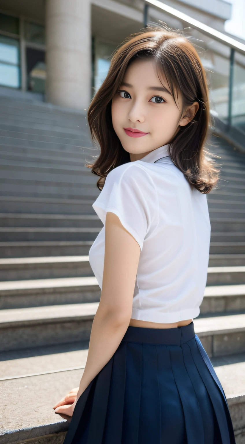 (32k,high detal,high-detail、masterpiece,Attention to detail,full body Esbian,独奏:1.6),Raw photo & realistic atmosphere,beautiful dark blue eyes,Detailed mouth,Glossy lips,Detailed eyebrows,Soft white skin that shines with every detail,Eyes drawn in detail、azure eyes,Very beautiful eyes,Detailed lips、Very beautiful face,Very well-formed face、Lifelike face,shiny beautiful lips, Realistic Young Gravure Idol, very beautiful school girl, ,Moderately beautiful, Young Sensual Gravure Idol, Young Gravure Idol, Beautiful, Cute and sexy16 year old schoolgirl,Wet,with a flushed face,Incredibly beautiful1Girls aged 6,short-cut,Curly hair,Brown shiny hair,(Climb the stairs of the station,Climbing the stairs with a large thigh, You can see your panties on camera,Beautiful 16 year old schoolgirl,Lace panties are visible:1.7),(Loosely dressed black schoolgirl uniform:1.6),(Sexy body,well-shaped breasts, I'm anxious and about to cry,Moist eyes:1.5),(Pay attention to the buttocks and thighs in the back,Close up from below,Climbing stairs with the camera,taken from the under,Hold down the skirt with your hands,Pleated mini-skirt,lowfers,Rear view,Don't look at the camera,A gust of wind causes the skirt to flip up:1.8)