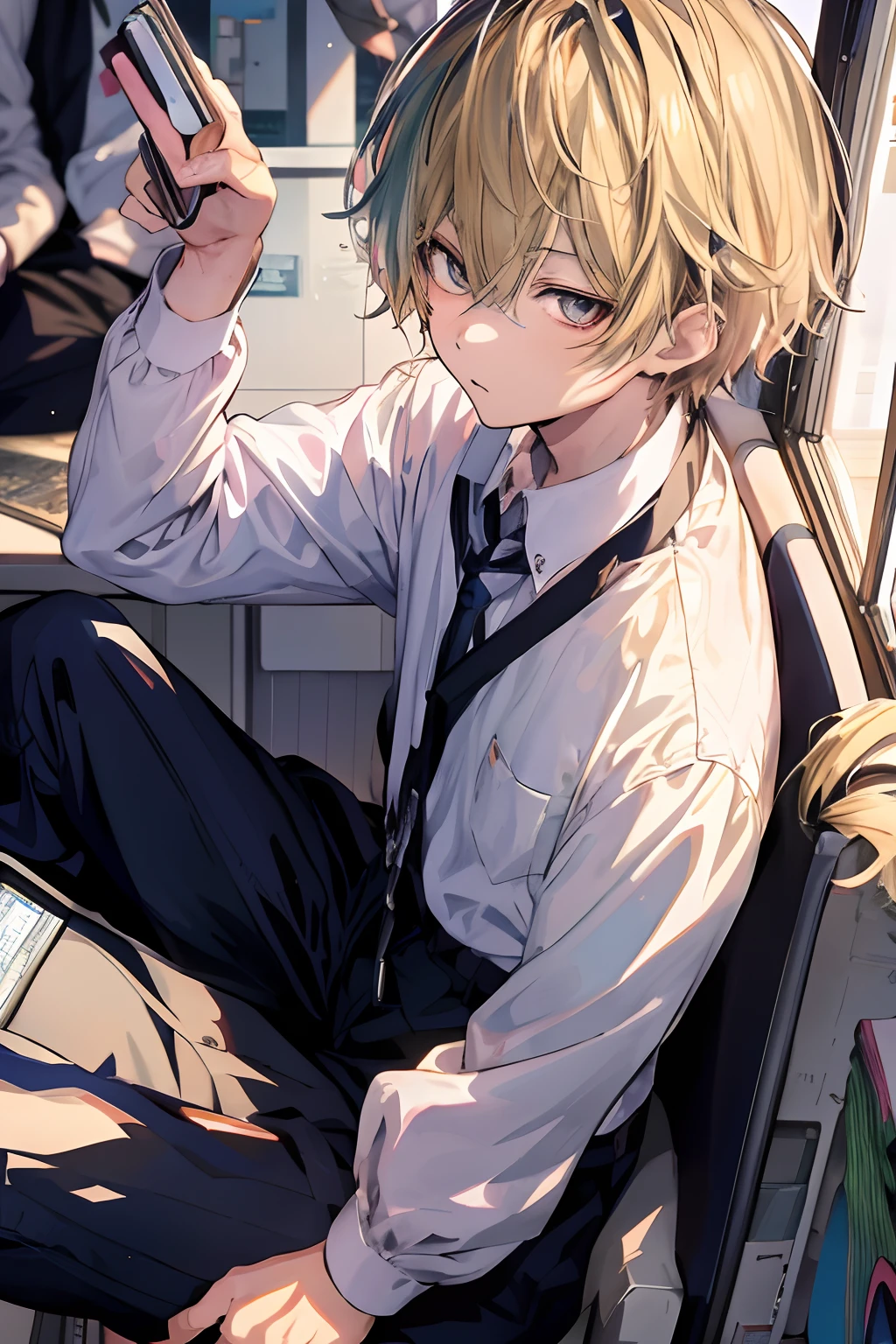 anime boy sitting on a bus with a cell phone in his hand, kawacy, best anime 4k konachan wallpaper, sitting at his desk, detailed key anime art, 4 k manga wallpaper, anime boy, key visual, handsome anime pose, official art, detailed digital anime art, key anime art, fine details. girls frontline, young anime man